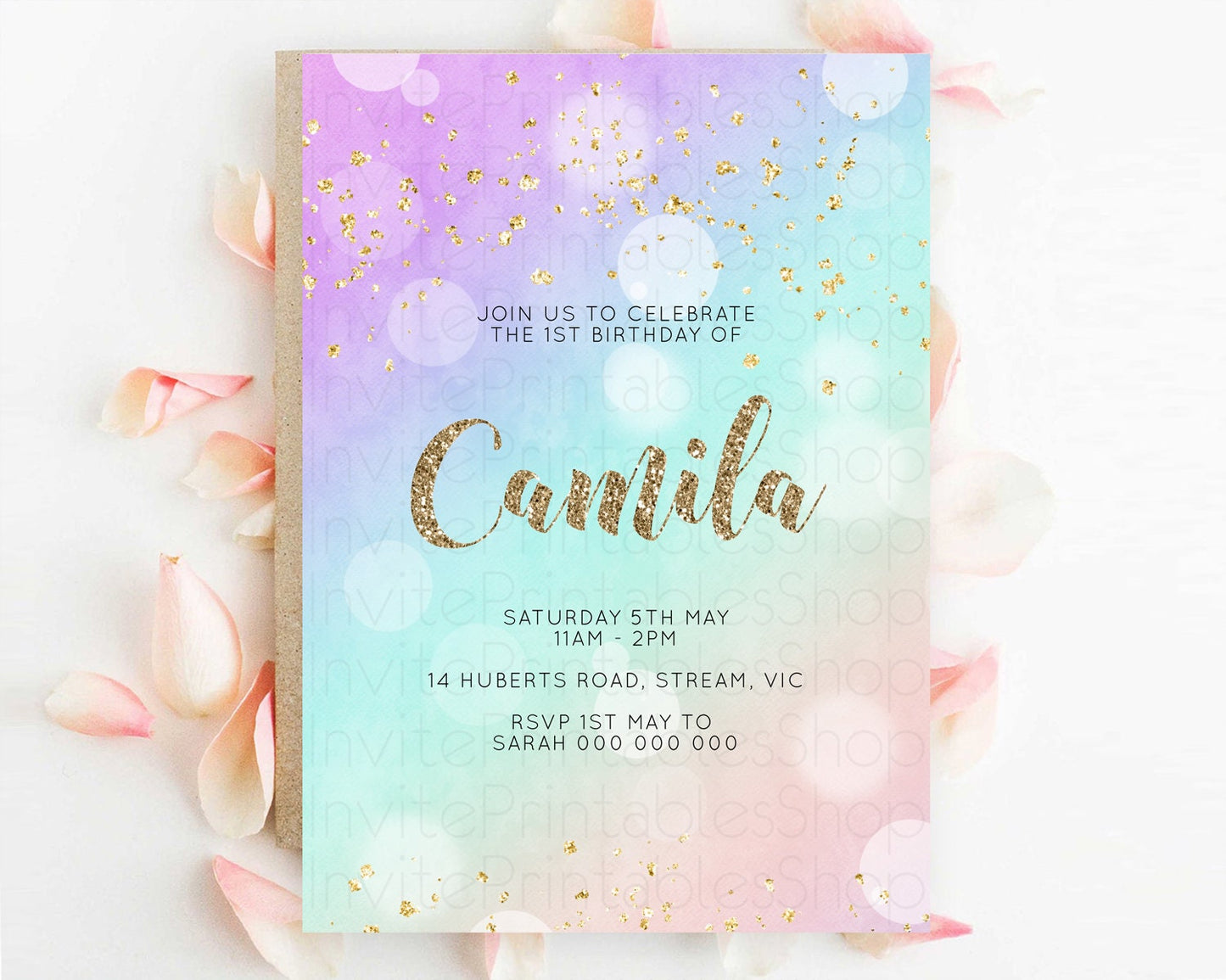 Rainbow Birthday Invitation Colorful Pastel Watercolor Invitation Gold Glitter Sprinkles Ombre Pastel 1st 2nd 3rd Birthday D10621