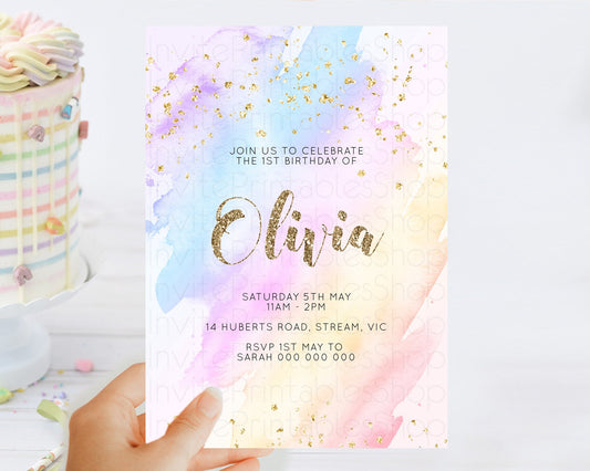 Editable Rainbow Birthday Invitation Colorful Pastel Watercolor Invitation G
