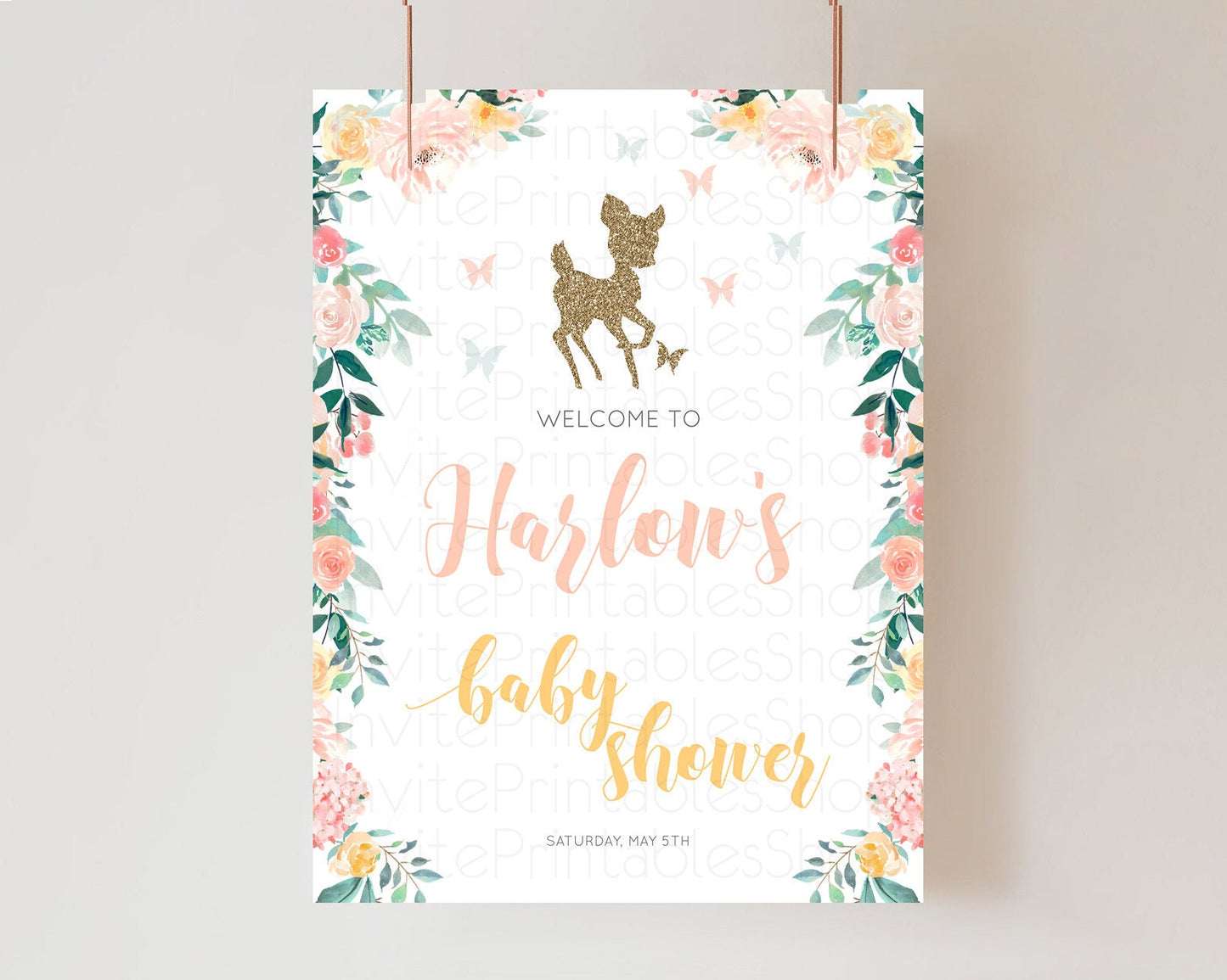 Fawn Baby Shower Welcome Sign Deer Welcome Board Floral Deer Welcome Poster Enchanted Forest Butterfly Pastel Floral Welcome Sign D10874