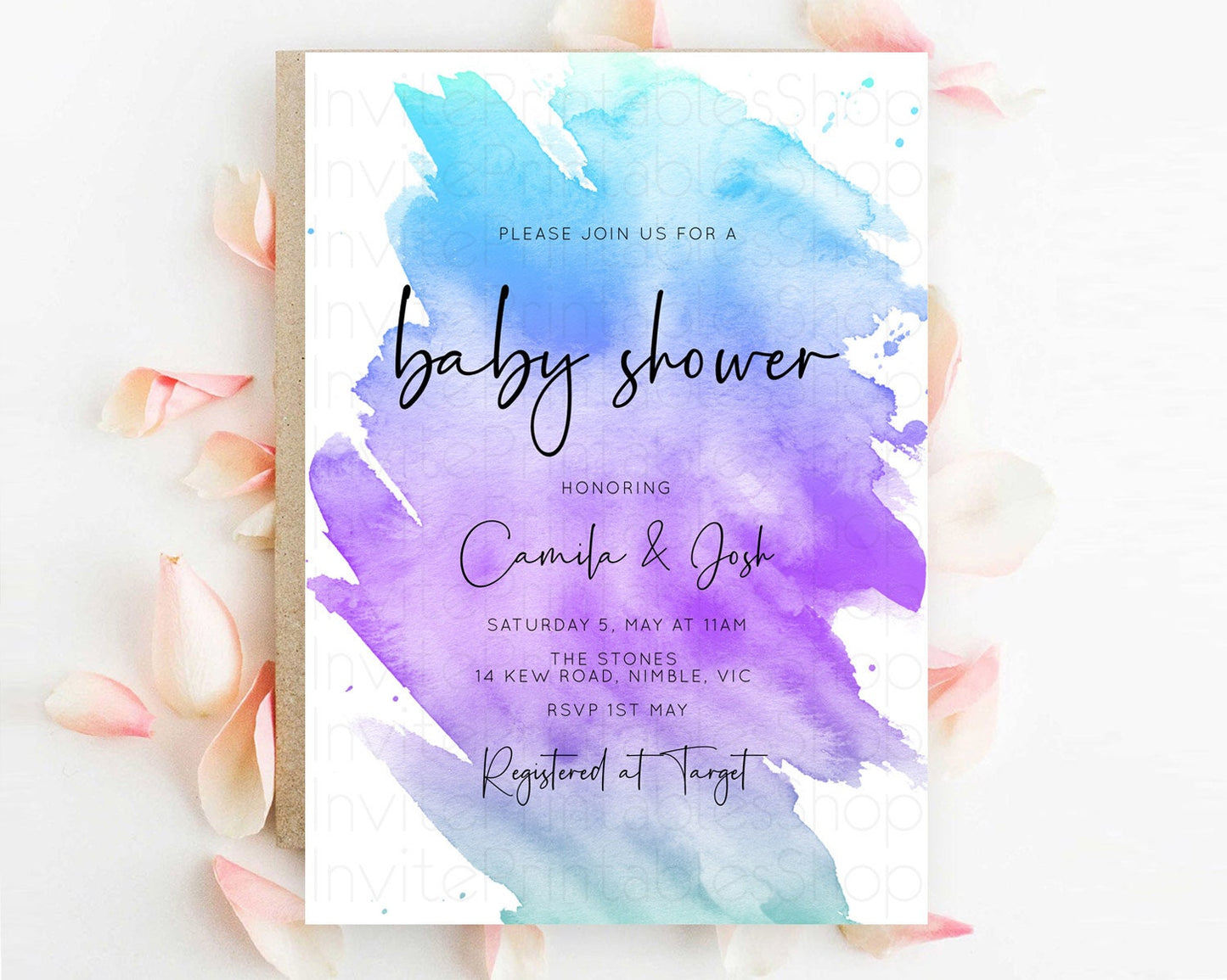 Pastel Baby Shower Invitation Rainbow Baby Shower Invitation Colorful Pastel Watercolor Invitation Gold Glitter Sprinkles Ombre D10491