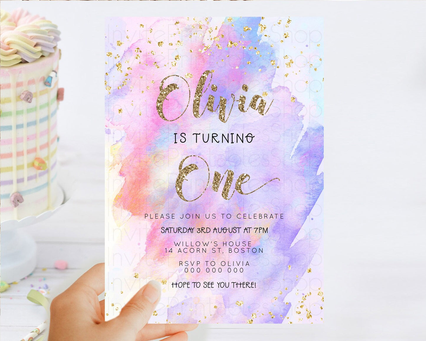 Rainbow Birthday Invitation Colorful Pastel Watercolor Invitation Gold Glitter Sprinkles Ombre Pastel 1st 2nd 3rd Birthday D23294