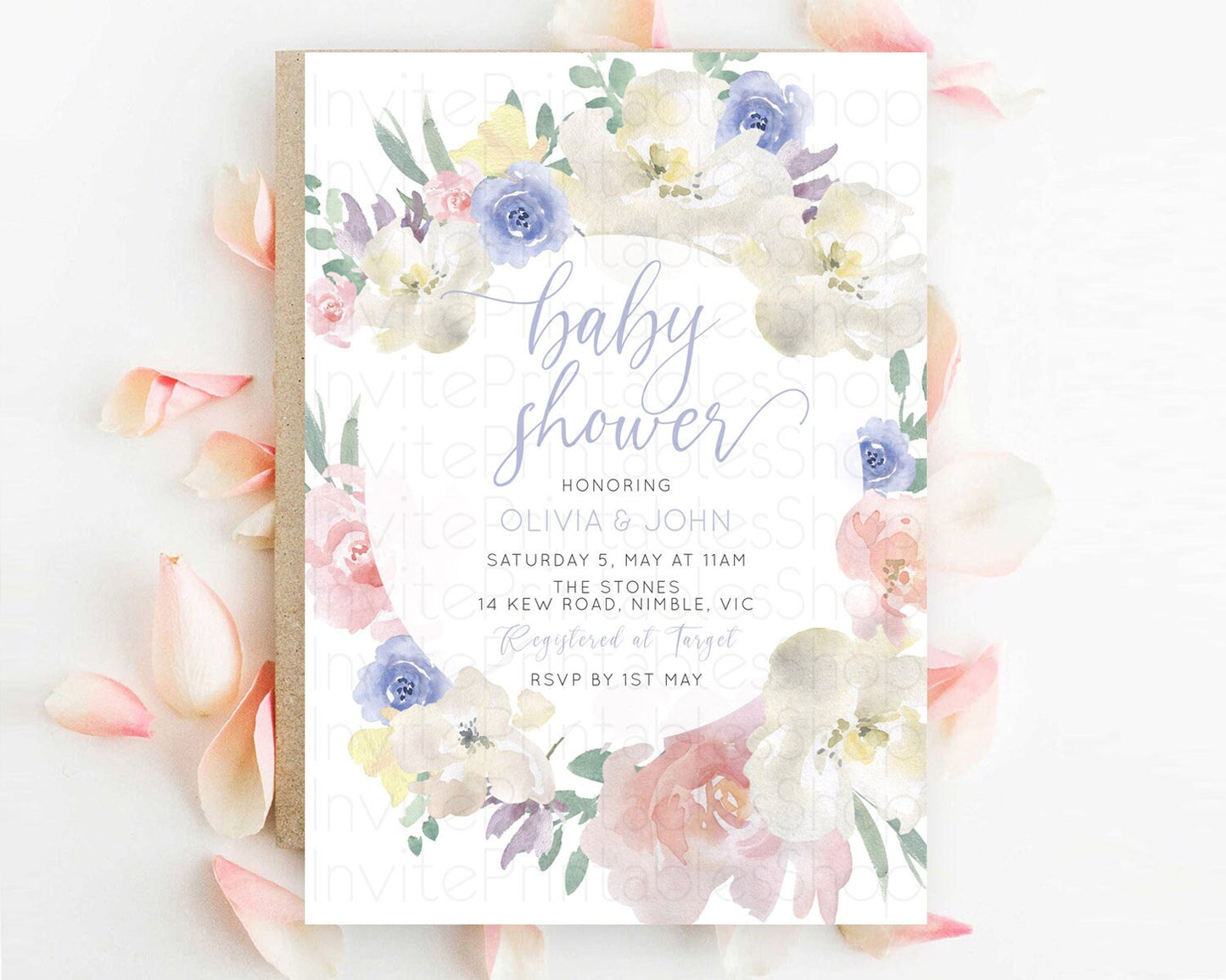 Wildflower Baby Shower Invitation, Secret Garden with Pastel Flowers, Botanical - Soft Organic Pink, Blue, and White Floral Theme D10841