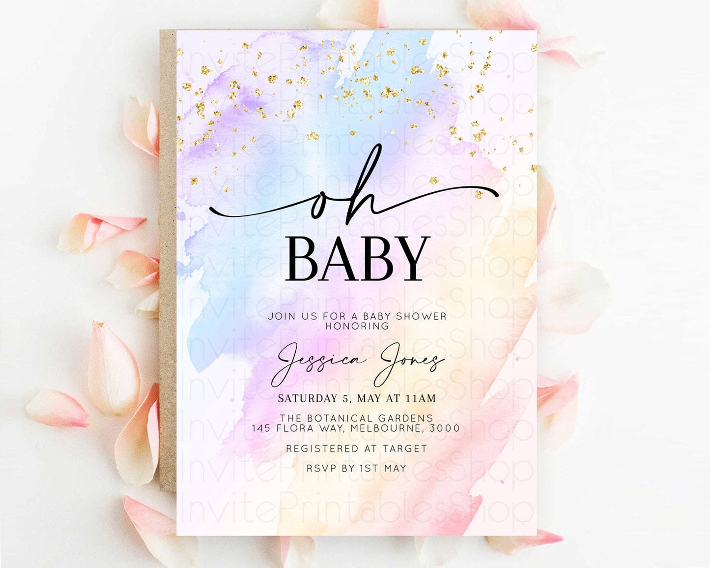 Pastel Baby Shower Invitation Rainbow Baby Shower Invitation Colorful Pastel Watercolor Invitation Gold Glitter Sprinkles Ombre D10635