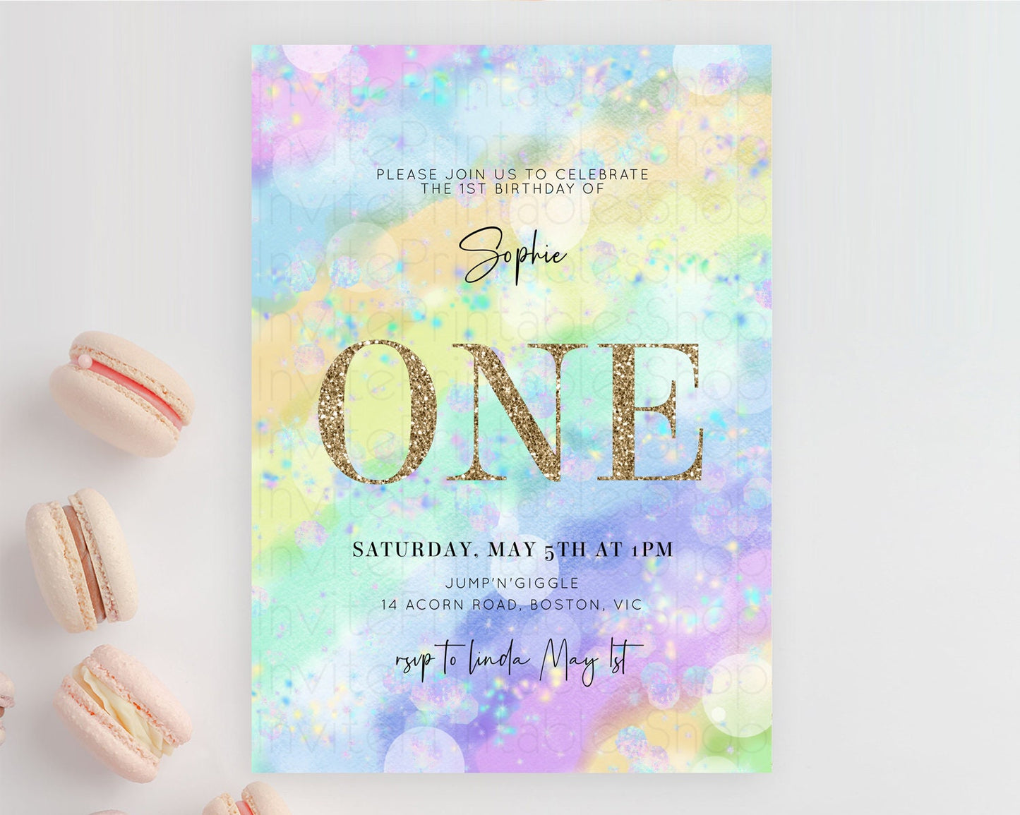 Rainbow Birthday Invitation Colorful Pastel Watercolor Invitation Gold Glitter Sprinkles Ombre Pastel 1st 2nd 3rd Birthday D10689