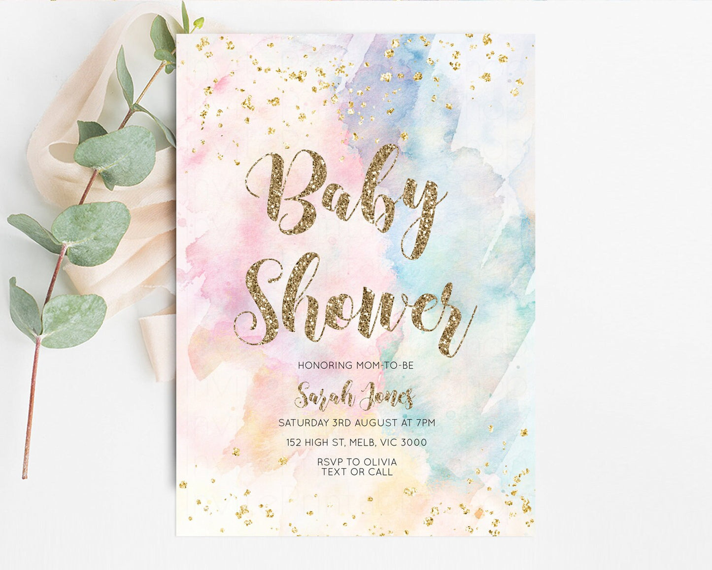 Rainbow Baby Shower Invitation Pastel Baby Shower Invitation Watercolor Ombre Invitation Rainbow Pastel Colors Invite Glitter Confetti 276