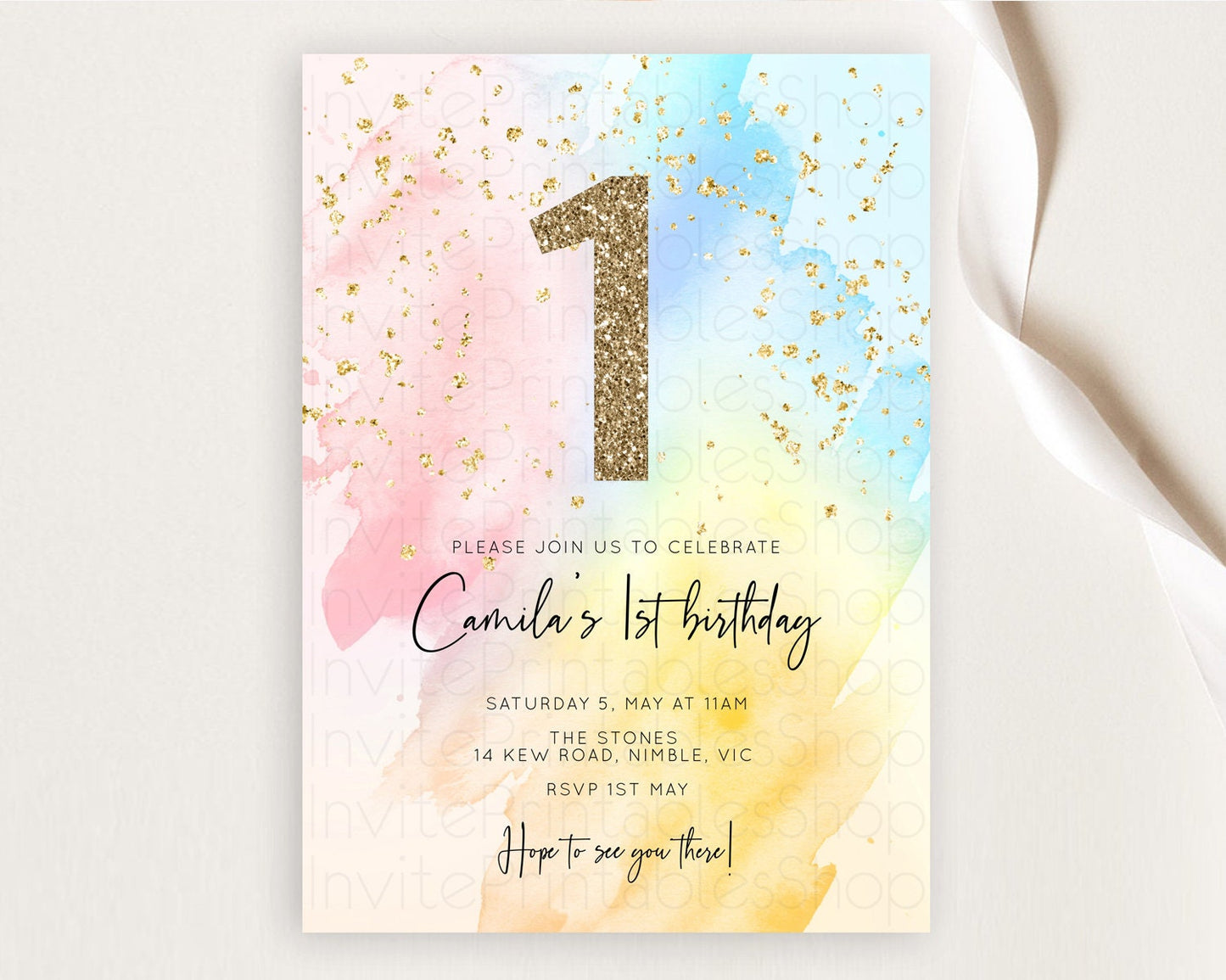 Rainbow Birthday Invitation Colorful Pastel Watercolor Invitation Gold Glitter Sprinkles Ombre Pastel 1st 2nd 3rd Birthday D10557