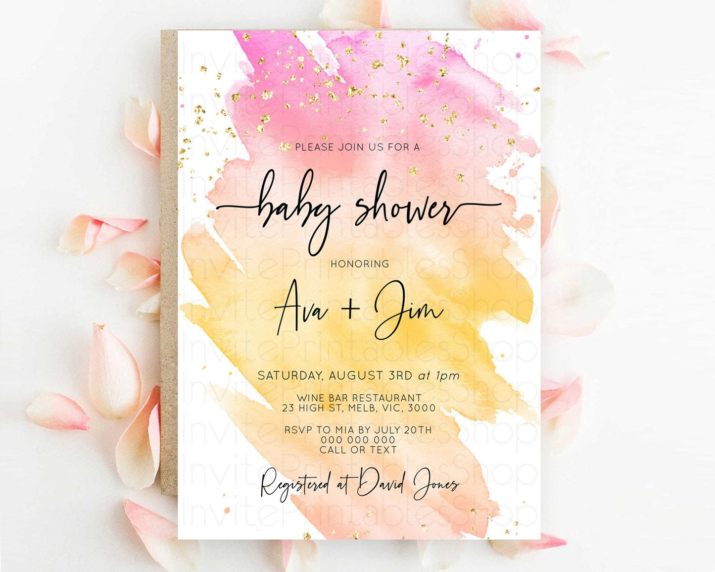 Pastel Baby Shower Invitation Rainbow Baby Shower Invitation Colorful Pastel Watercolor Invitation Gold Glitter Sprinkles Ombre D10527