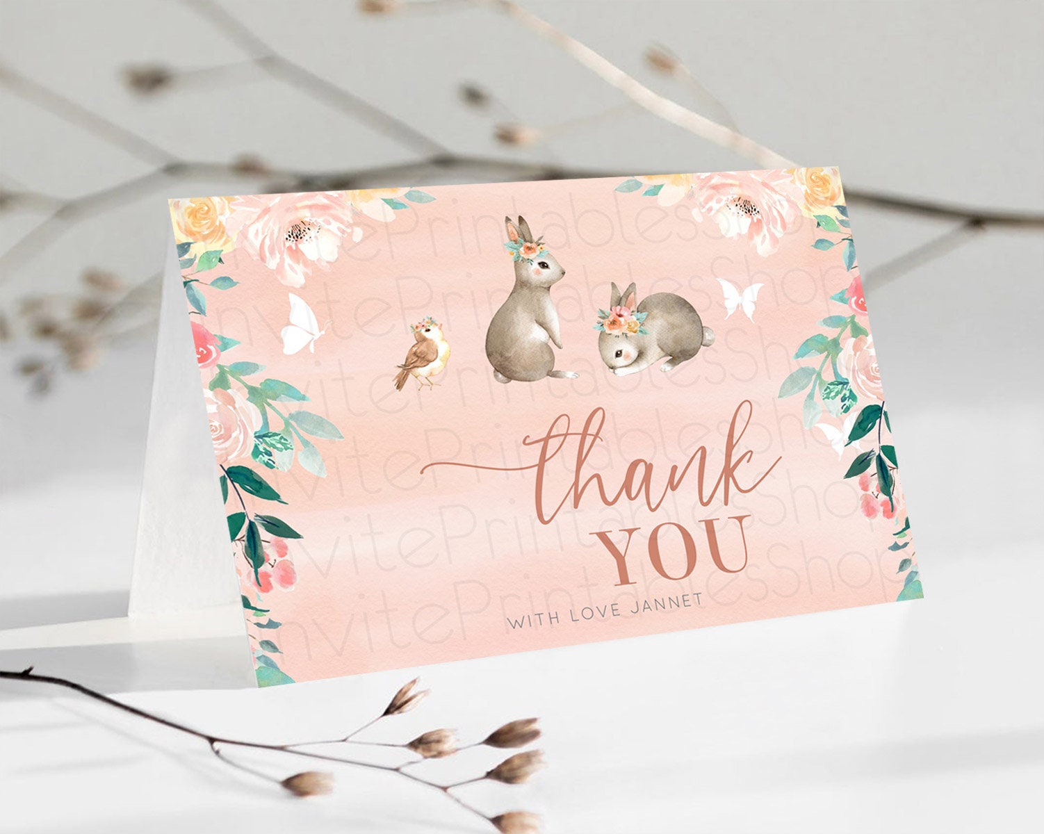 Editable Bunny Thank You Floral Bunny Thank You Card Pastel Flowers Bunny Bi