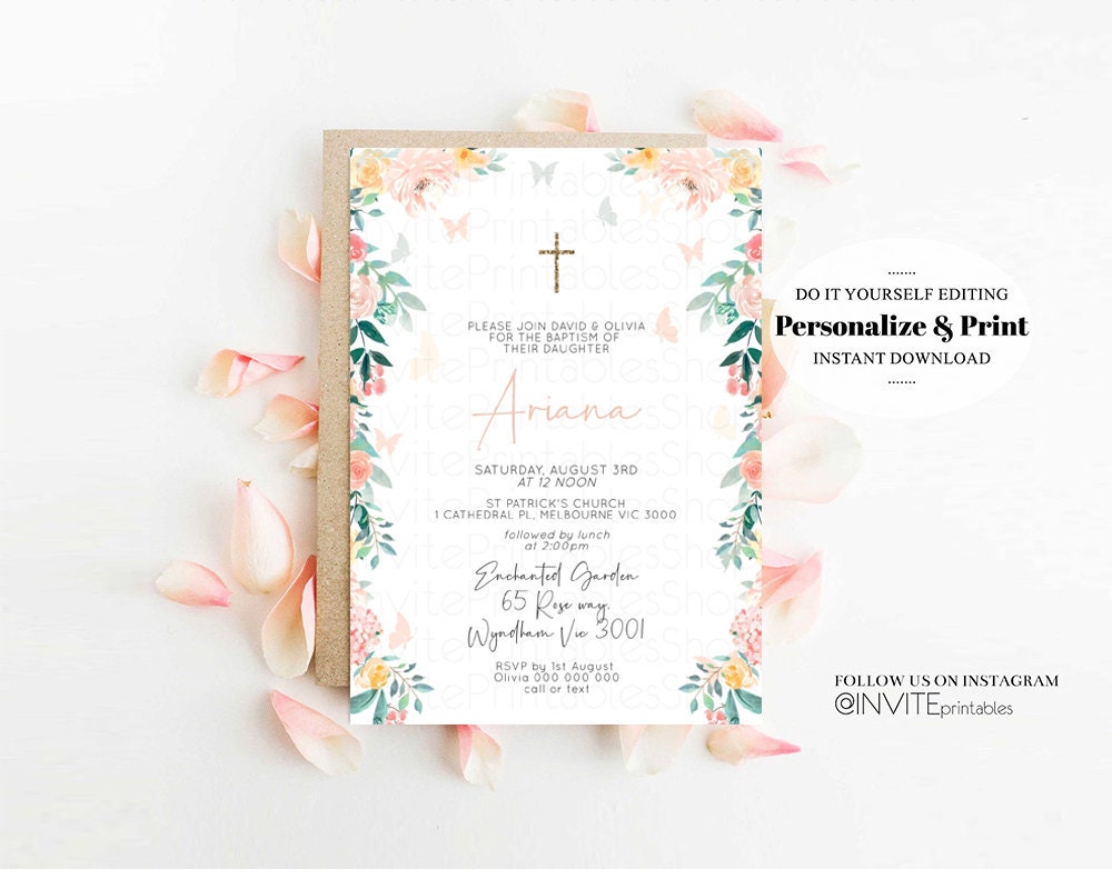 Floral Baptism Invitation Enchanted Garden Christening Invitation Soft Pastel Flowers Butterfly Peony Roses Gold Cross Orthodox Cross