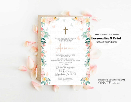 Floral Baptism Invitation Enchanted Garden Christening Invitation Soft Pastel Flowers Butterfly Peony Roses Gold Cross Orthodox Cross