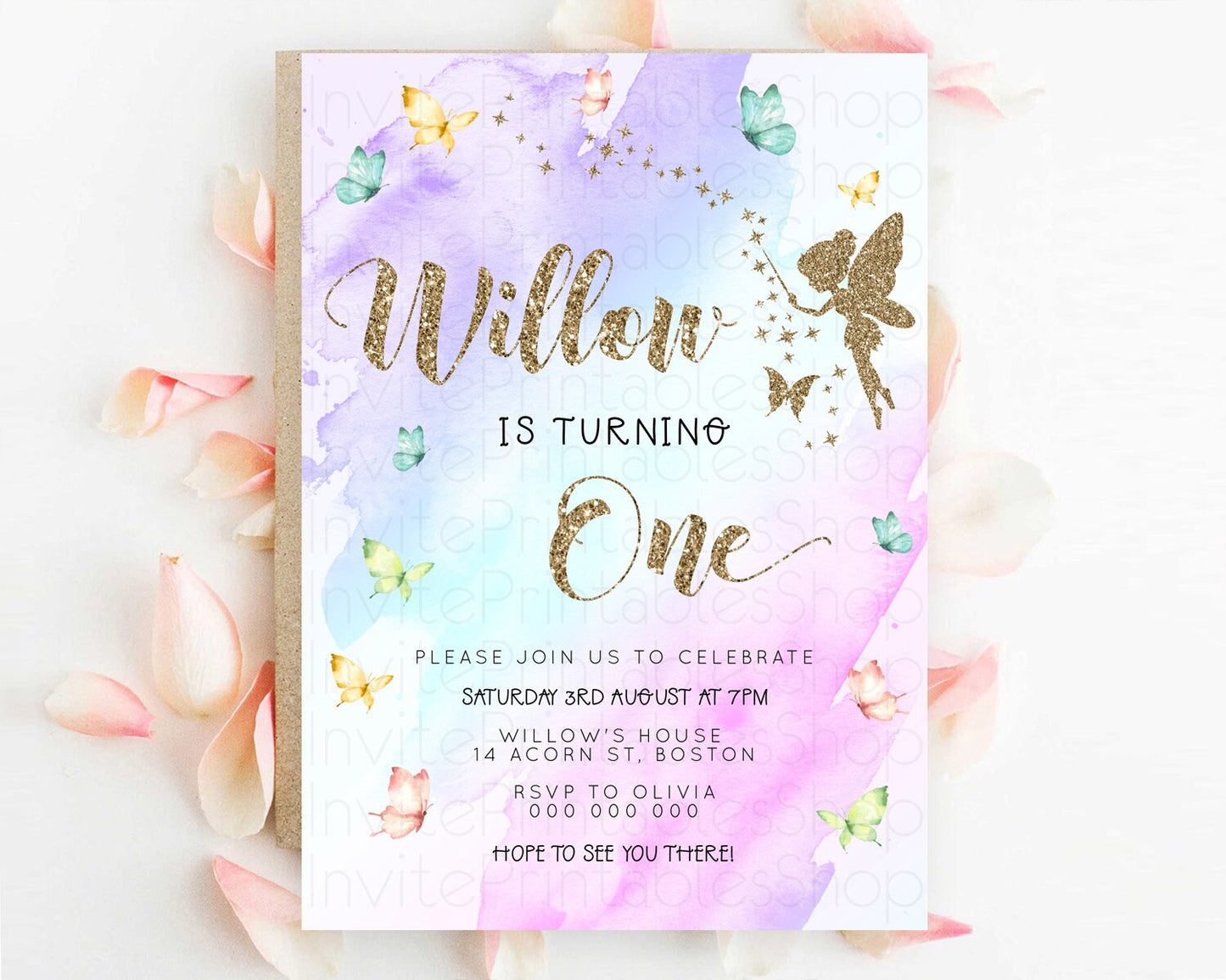 Pastel Fairy Birthday Invitation Pastel Butterflies Fairy Birthday Invitation Rainbow Ombre Watercolor 1st 2nd Birthday Invitation D23330