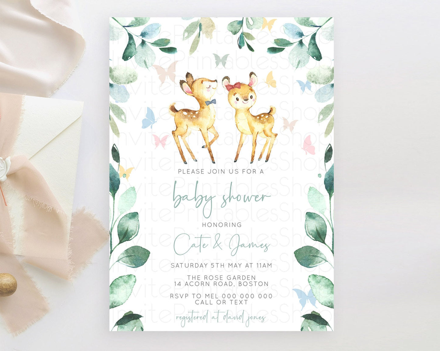 Fawn Baby Shower Invitation, Forest Deer, Butterfly, Pastel Flowers, Whimsical Theme, Rustic Greenery Woodland, Organic Pastel Colors D10767