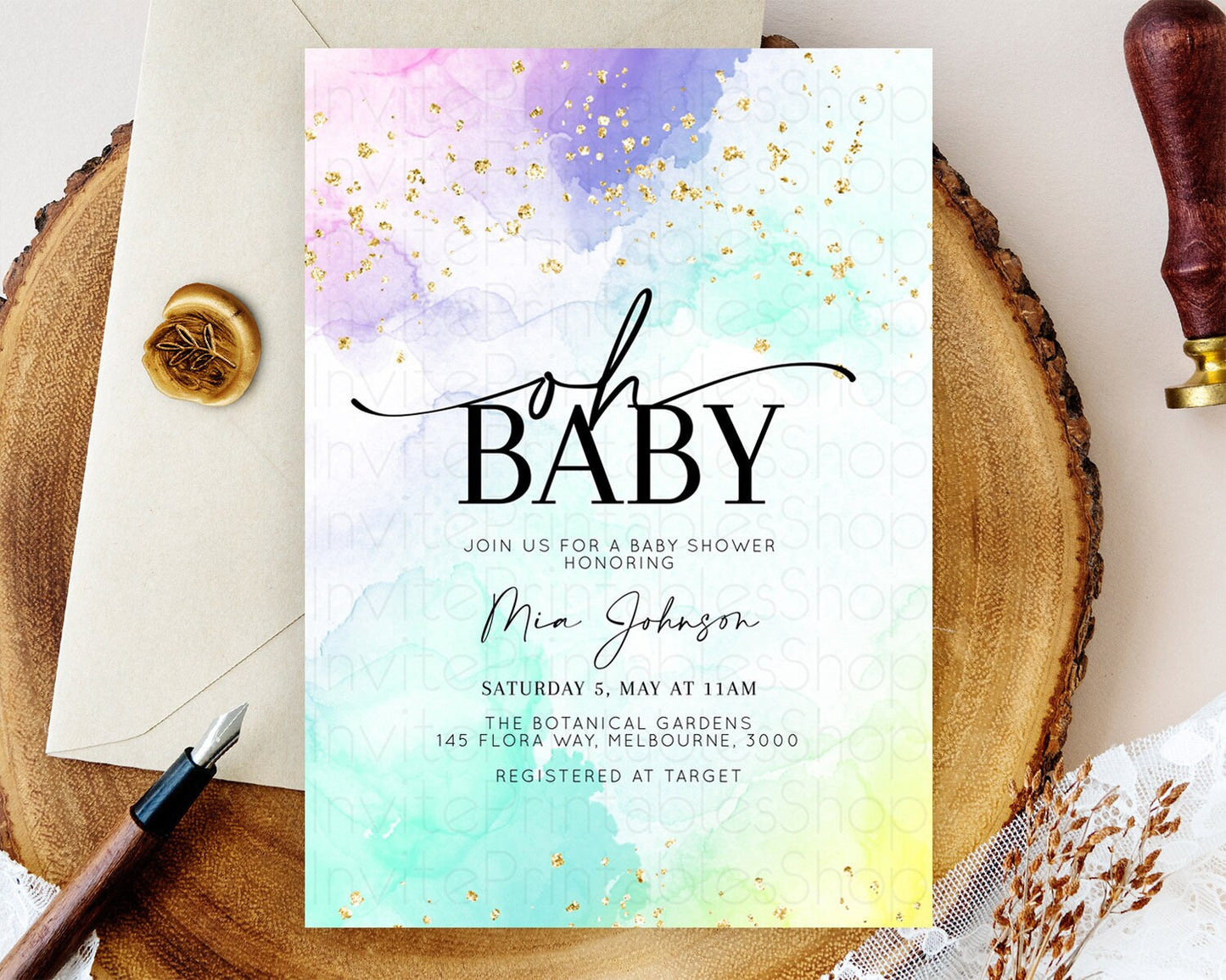 Pastel Baby Shower Invitation Rainbow Baby Shower Invitation Colorful Pastel Watercolor Invitation Gold Glitter Sprinkles Ombre D10157