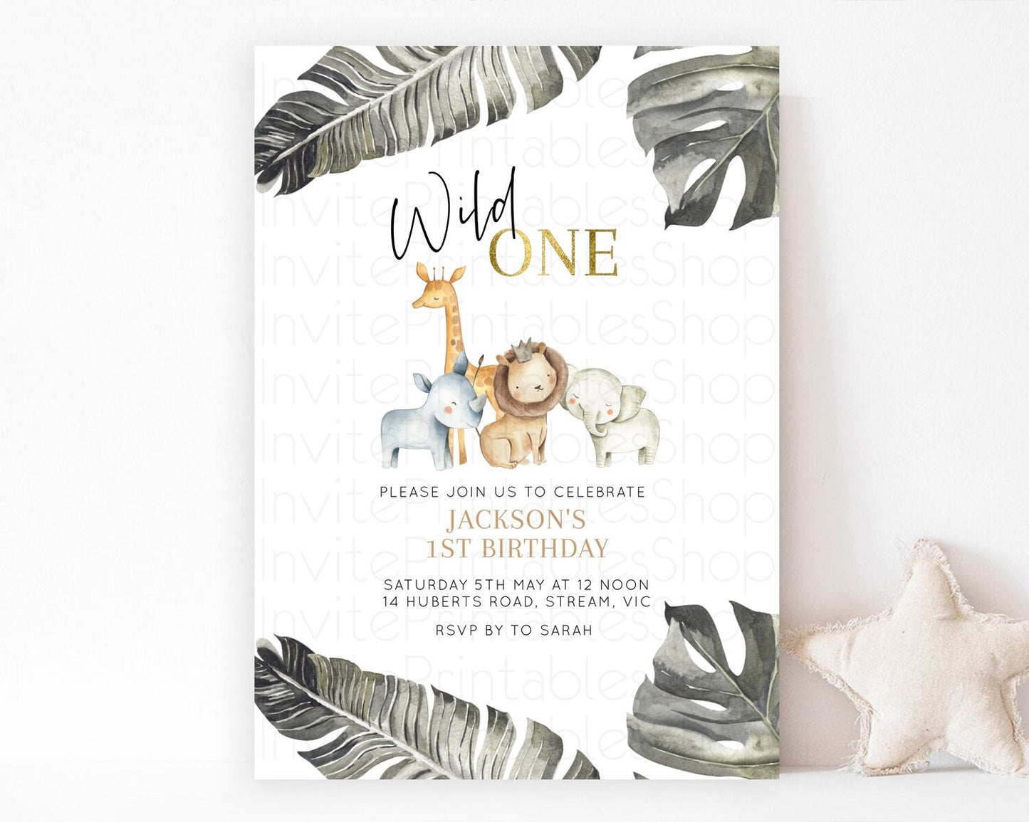 Safari Birthday Invitation Lion Gorilla Elephant Rhino Tropical Palm Jungle Safari Adventure Zoo Party Animal 2nd 1st First Birthday D10599