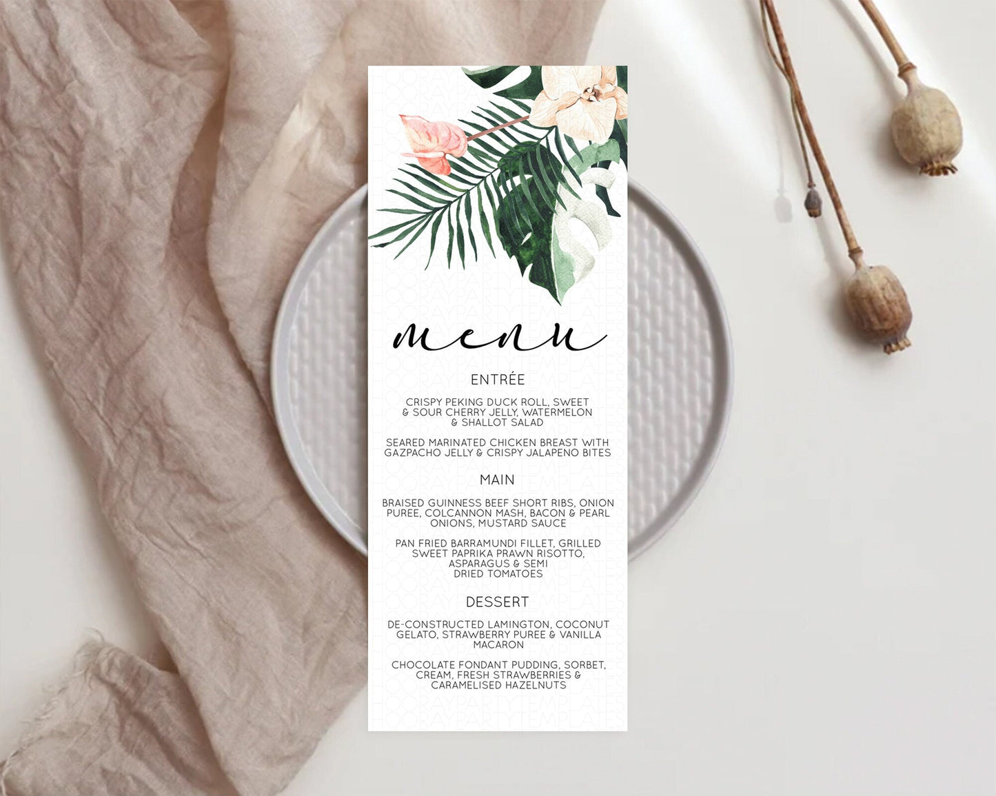 Tropical Menu Template Tropical Menu Palm Leaf Fern Table Decor Frangipani Floral White Orchid Dinner Dessert Menu Party Food Menu D11016