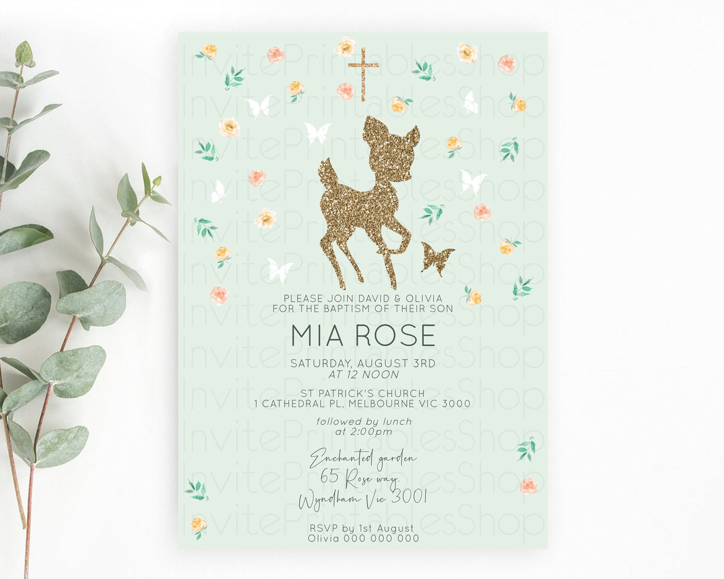 Fawn Baptism Invitation Deer Baptism 1st Birthday Invitation Enchanted Forest Christening Invitation Pastel Garden Butterfly Floral D10385