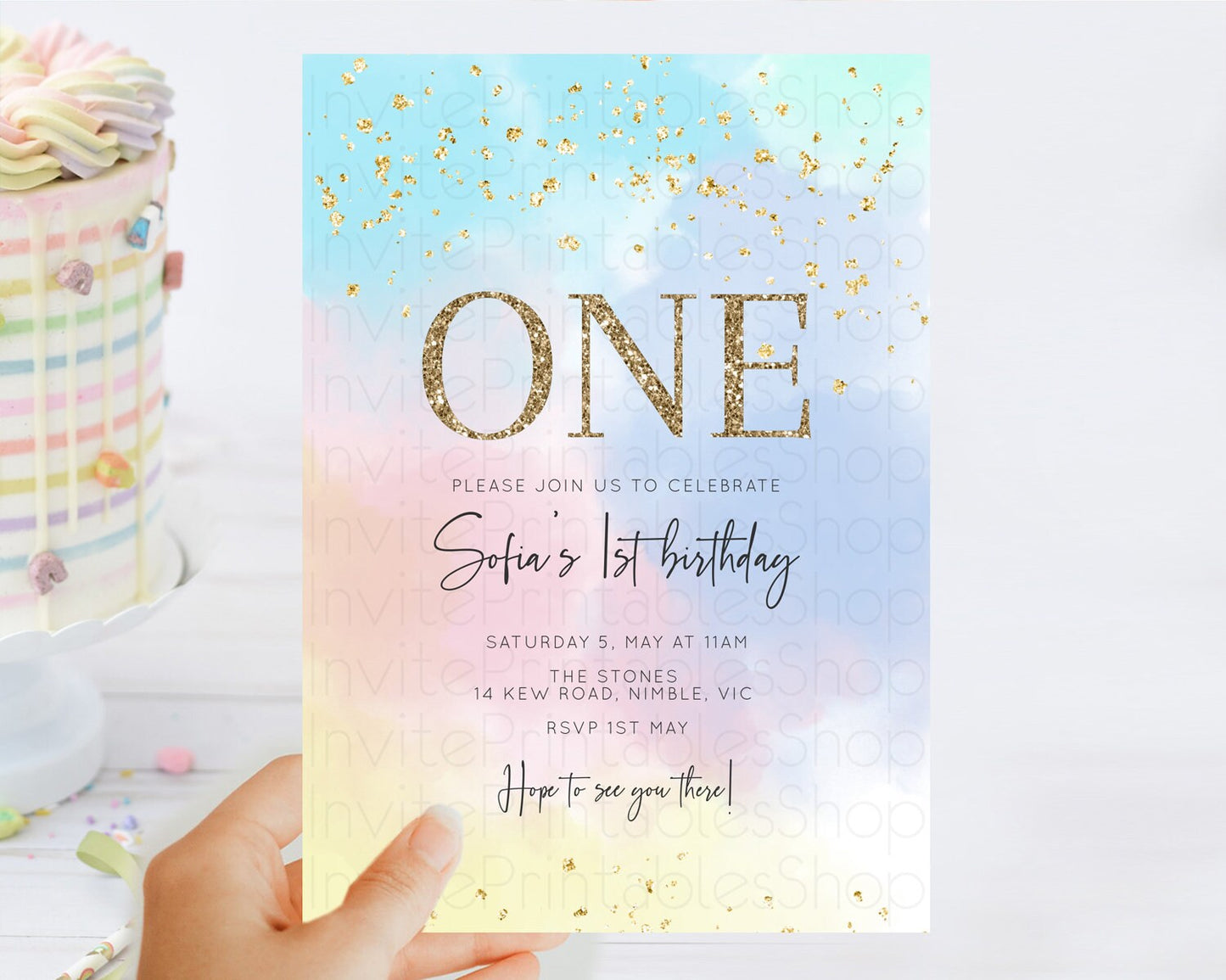 Rainbow Birthday Invitation Colorful Pastel Watercolor Invitation Gold Glitter Sprinkles Ombre Pastel 1st 2nd 3rd Birthday D10368