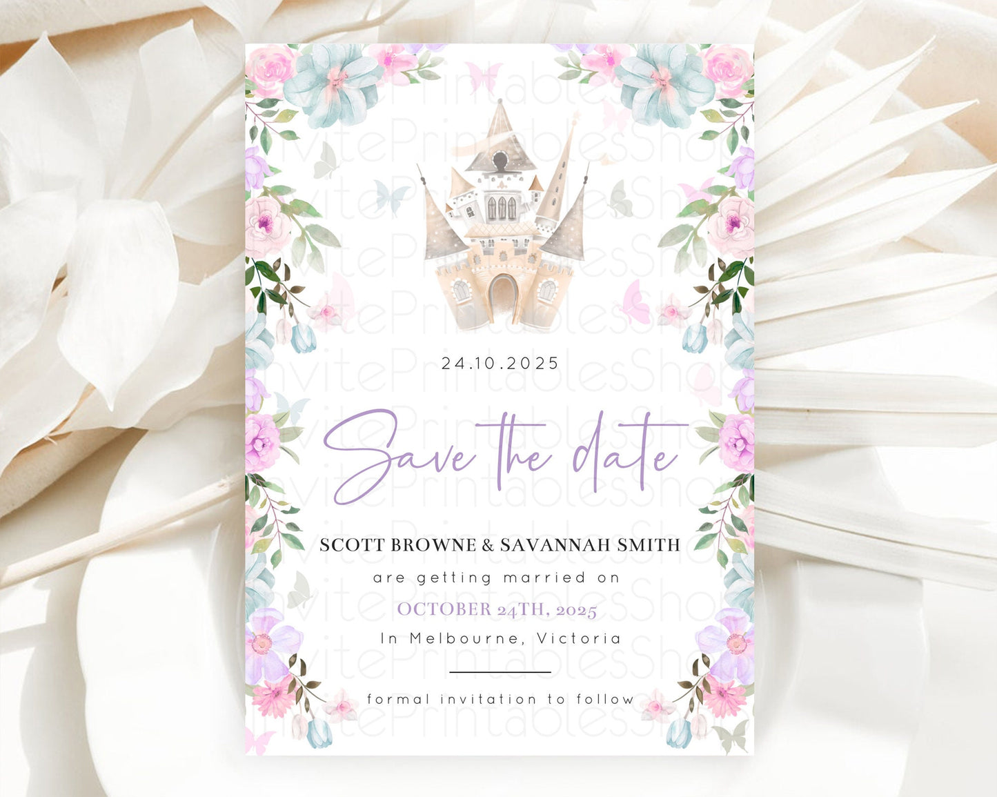 Princess Save The Date Template Secret Garden Enchanted Castle Pastel Floral Royal Party For 1st Birthday Baptism Baby Shower D10471