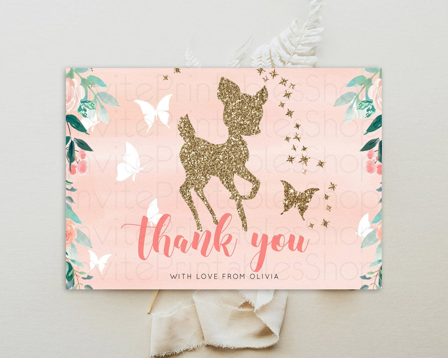 Fawn Thank You Deer Thank You Card Pastel Floral Deer Birthday Thank You Card Enchanted Forest Butterfly Deer Teacher Thank You Card D10873