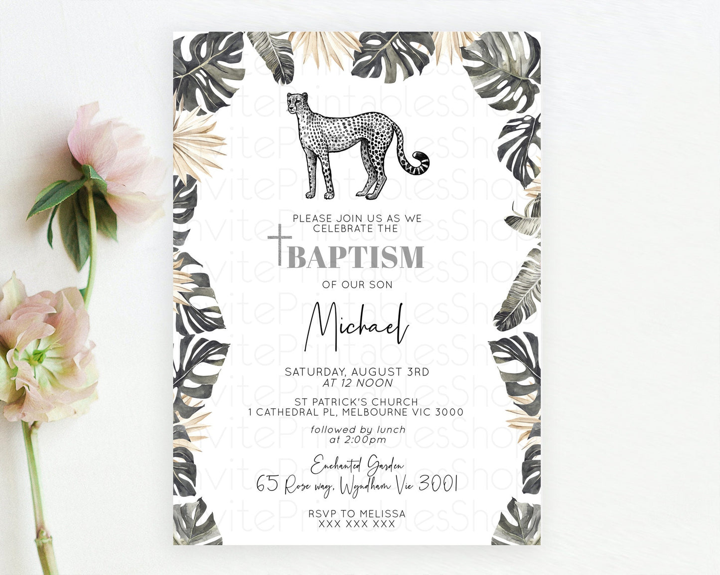 Cheetah Baptism Invitation Cheetah Baptism 1st Birthday Invitation Cheetah Safari Adventure Christening Party Palm Leaf Zoo Cheetah D10823