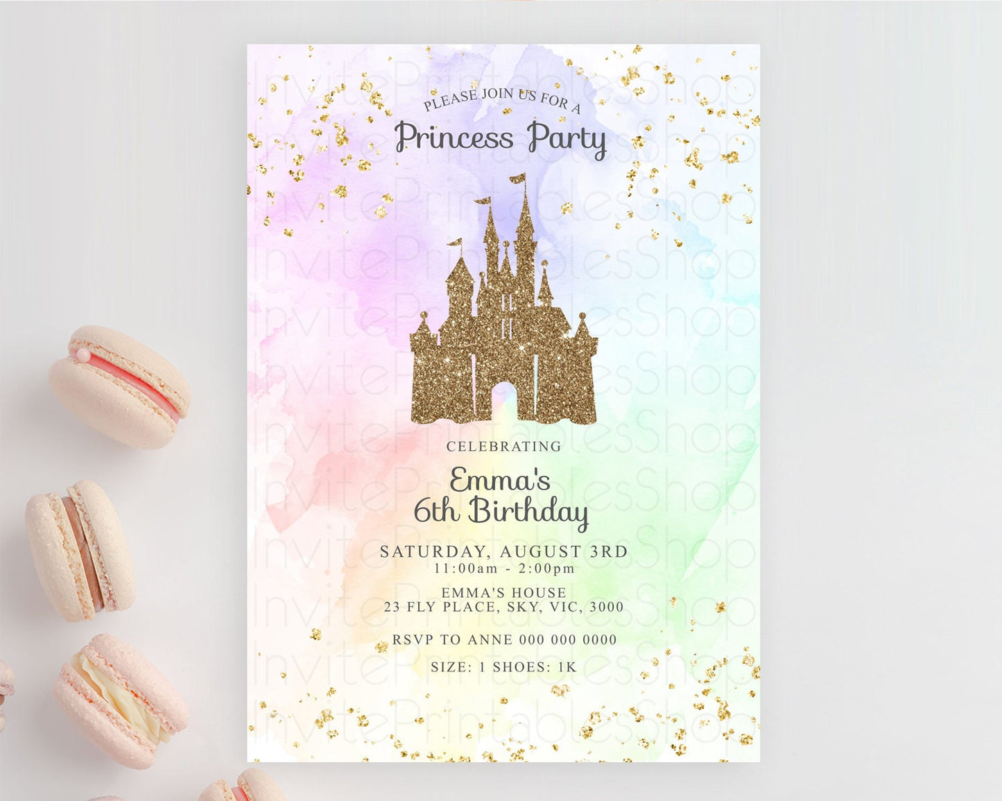 Princess Birthday Invitation Princess Invitation Pastel Invitation Royal Birthday Rainbow Color Enchanted Castle 1st First Birthday D10658