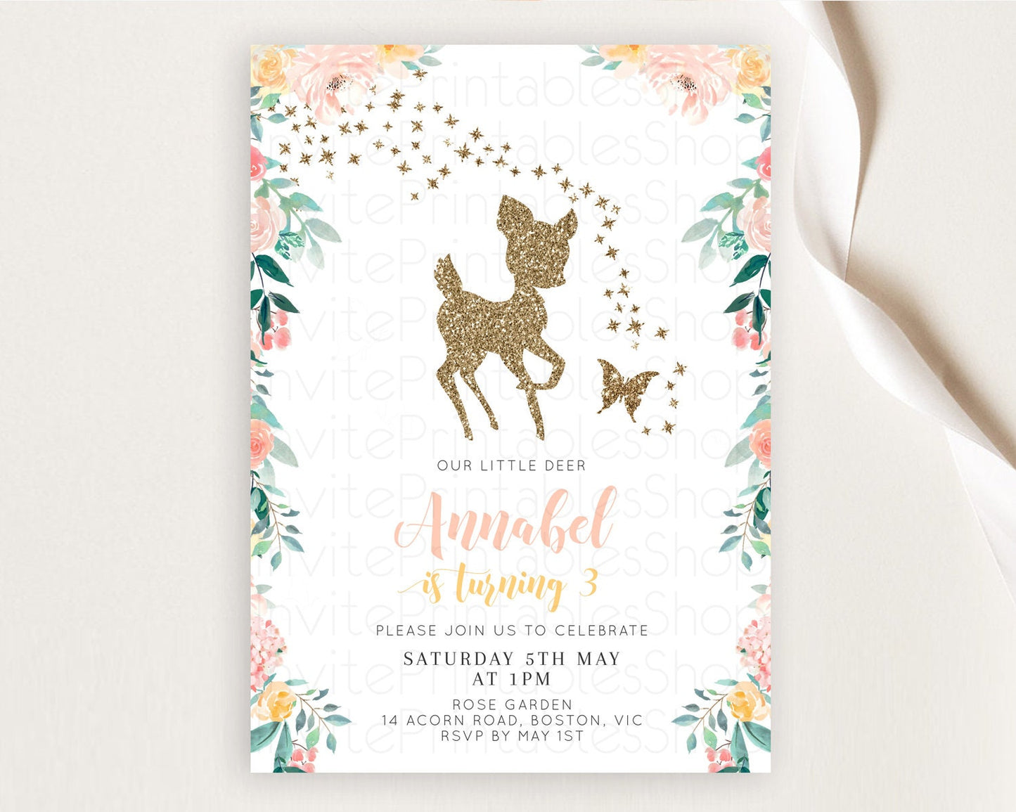 Fawn Birthday Invitation Deer Birthday Invitation Enchanted Forest Party Butterfly Pastel Flowers Whimsical 2nd 1st First Birthday D10874