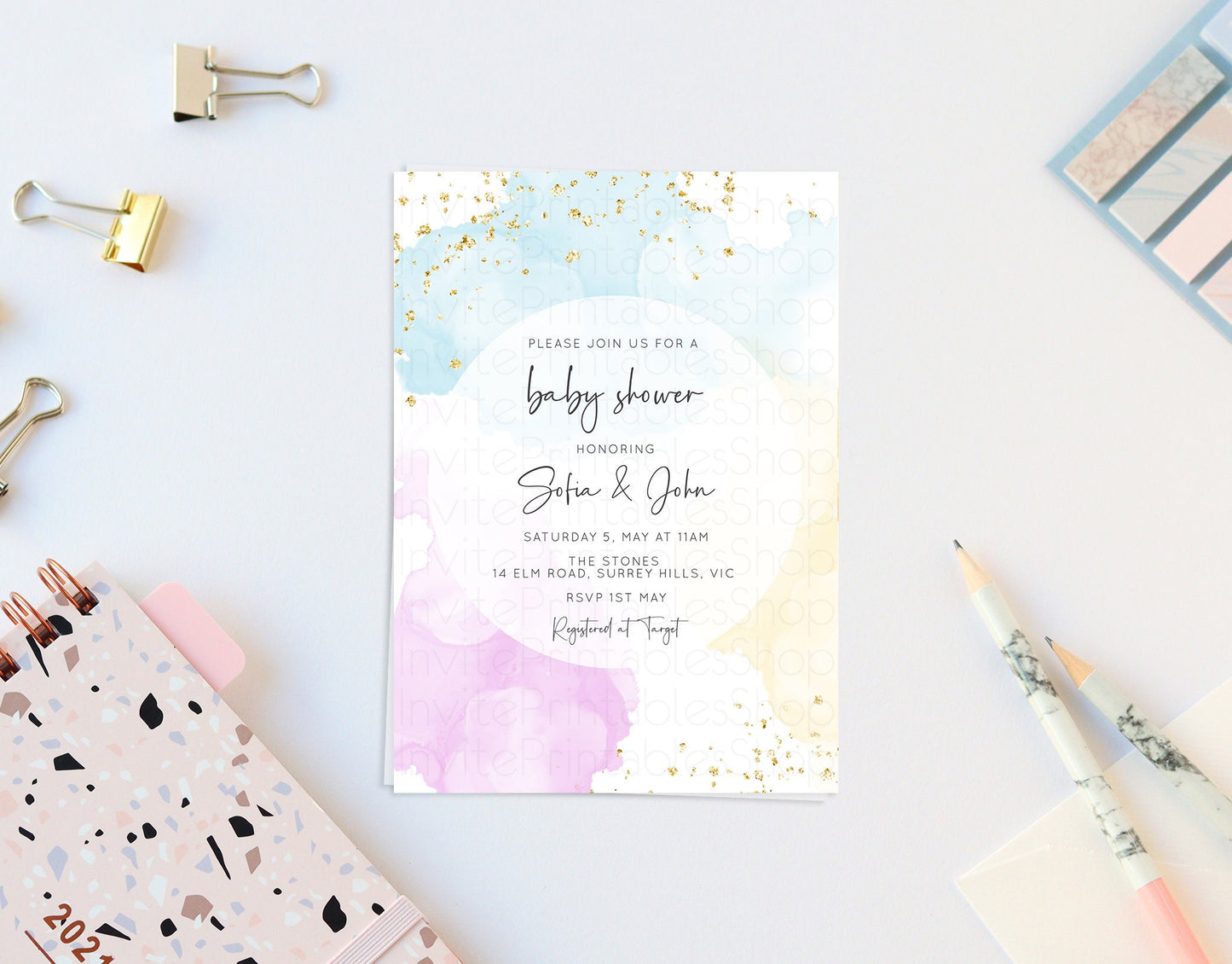 Colorful Rainbow Baby Shower Invitation Watercolor Splash Ink Pastel Rainbow Blue Yellow Pink Gender Reveal Neutral Editable Invite Template