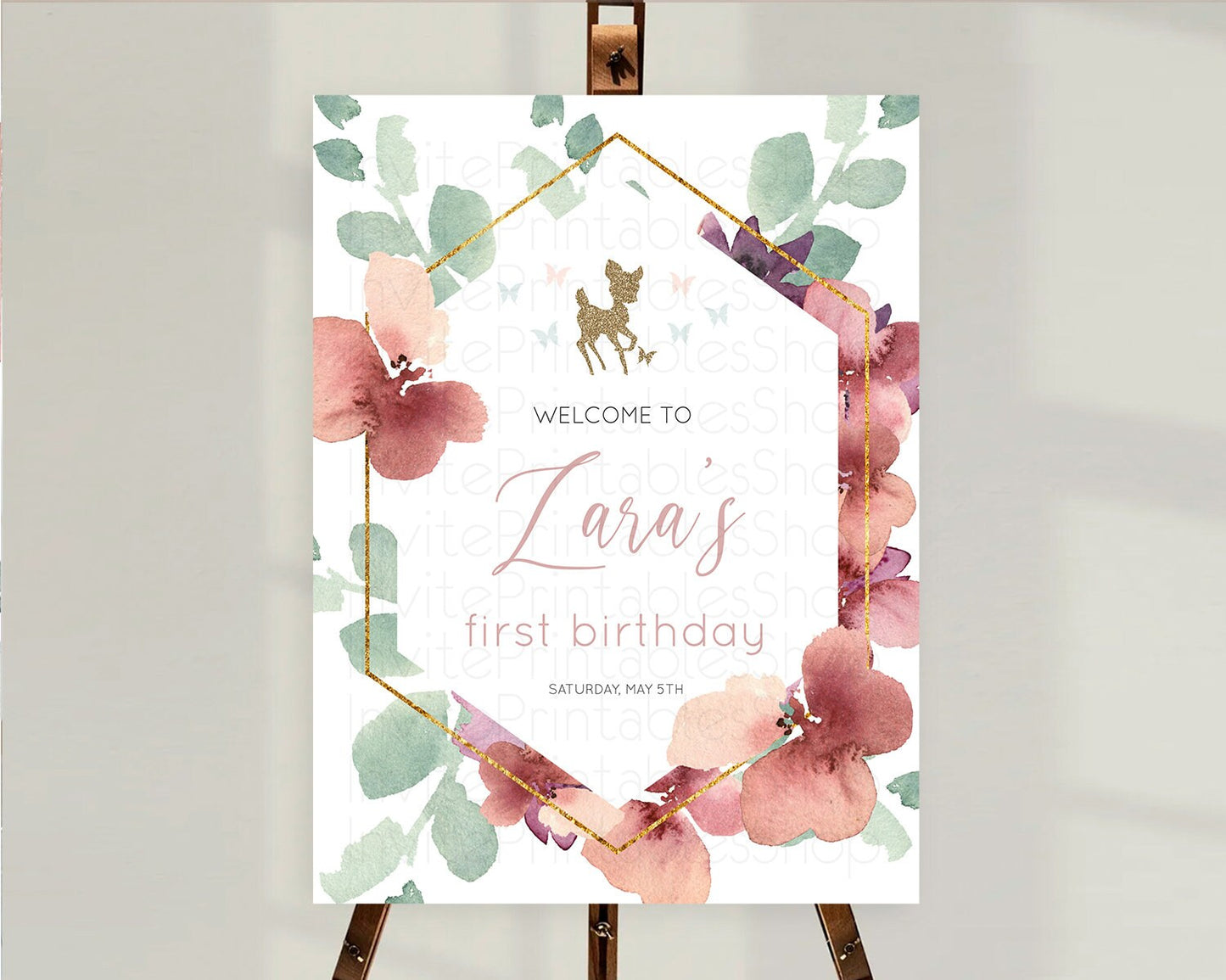 Fawn Welcome Sign Deer Welcome Board Floral Deer Welcome Poster Enchanted Forest Butterfly Pastel Floral First Birthday Welcome Sign D10459