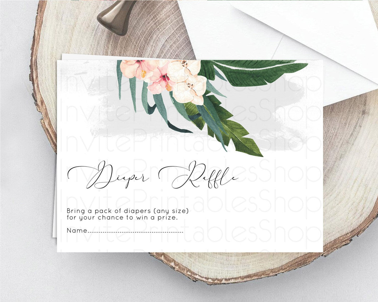 Tropical Diaper Raffle Card Tropical Diaper Raffle Insert Palm Leaf Diaper Ticket Fern Frangipani Floral White Orchid Raffle Game D11011