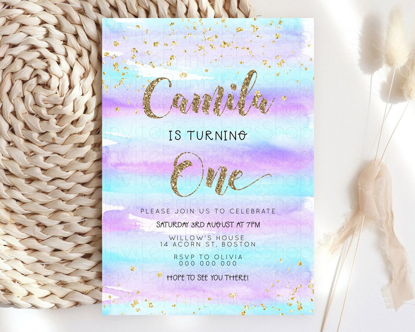 Rainbow Birthday Invitation Colorful Pastel Watercolor Invitation Gold Glitter Sprinkles Ombre Pastel 1st 2nd 3rd Birthday D23264