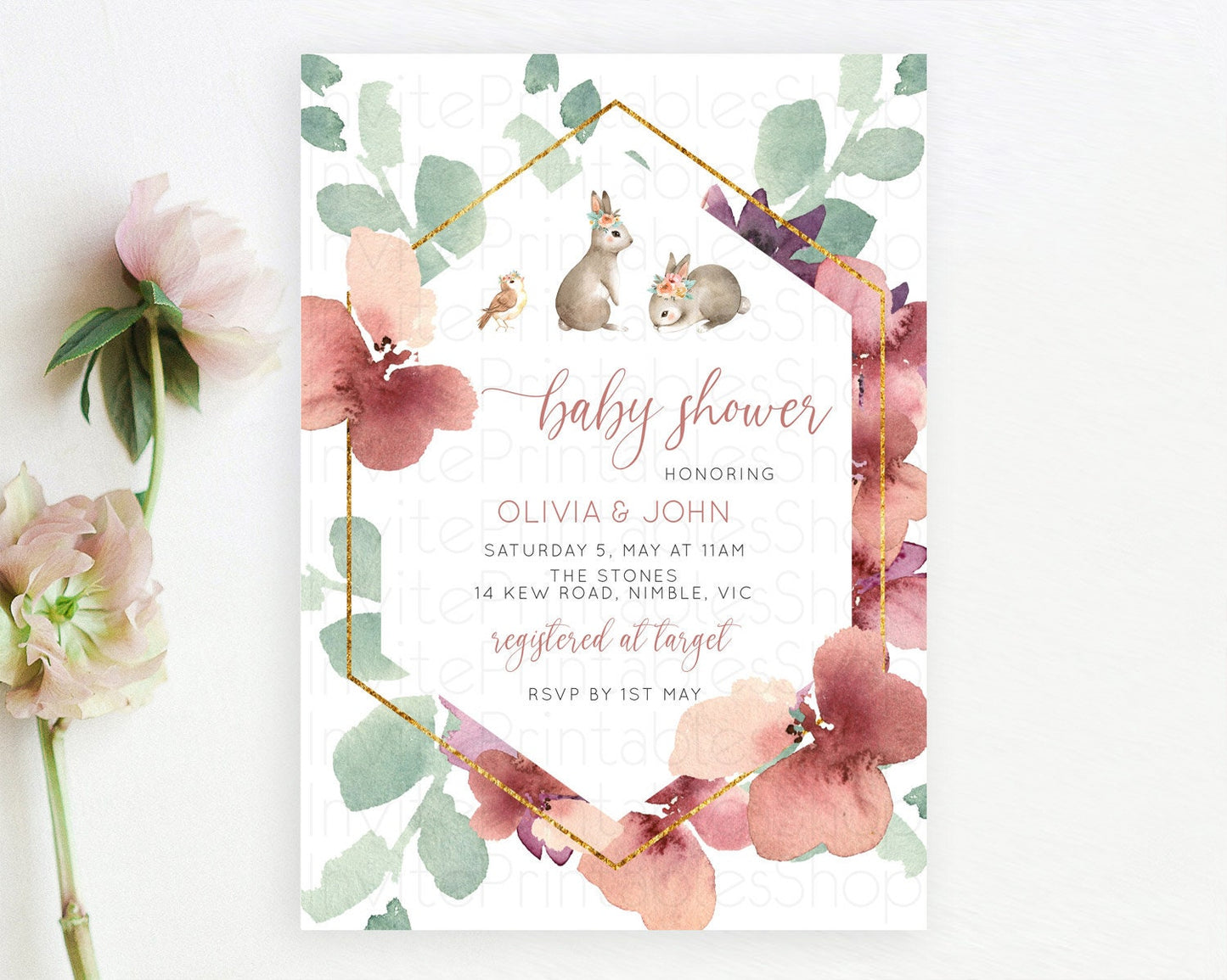 Bunny Baby Shower Invitation: Burgundy Flowers, Pastel Flowers, Secret Garden, Gold Accents, Leafy, Pastel Burgundy, Woodland Theme D11033