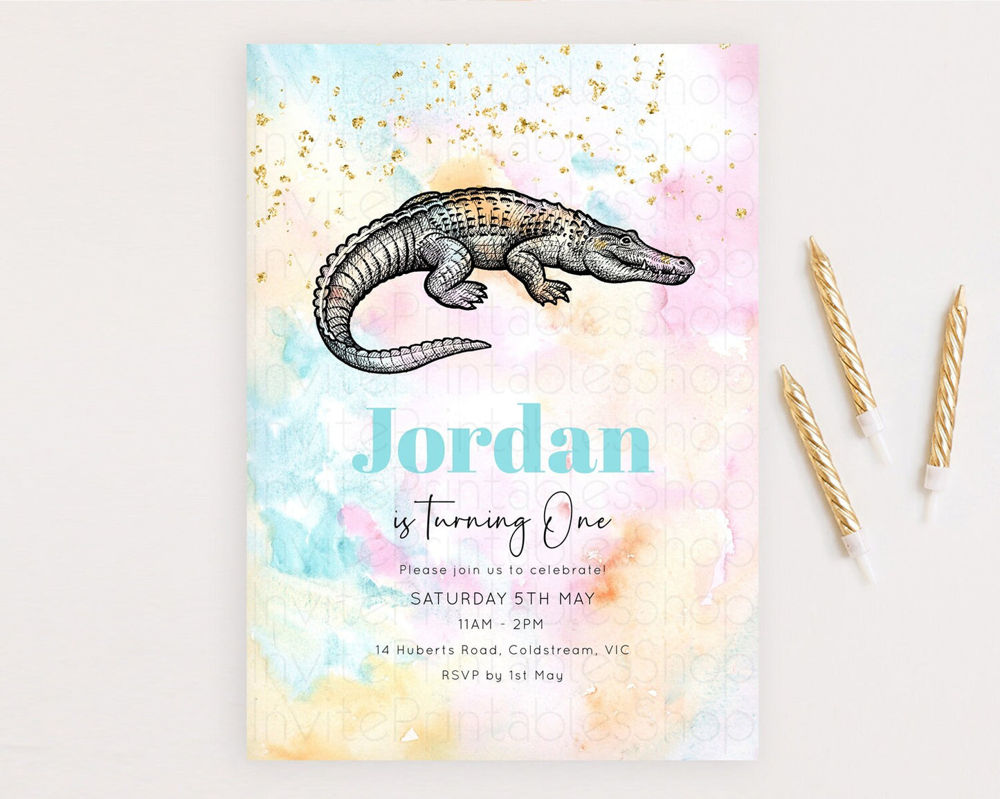 Crocodile Birthday Invitation Alligator Invitation Pastel Swamp Watercolor Alligator Crocodile Invitation Rainbow Gator Invite D10285