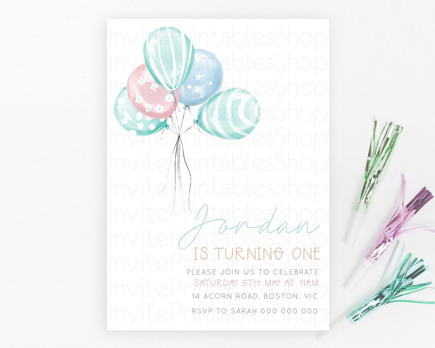 Balloon Birthday Invitation Pastel Birthday Invitation Pastel Balloon Invites Colorful Pastel Rainbow Balloon 3rd 2nd First Birthday D22997