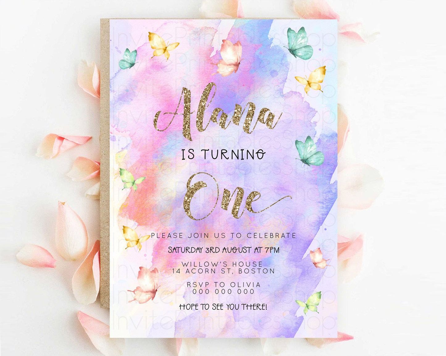 Pastel Butterfly Birthday Invitation Butterfly Birthday Invitation Colorful Splash Glitter Butterfly Garden 1st 2nd Birthday D23247