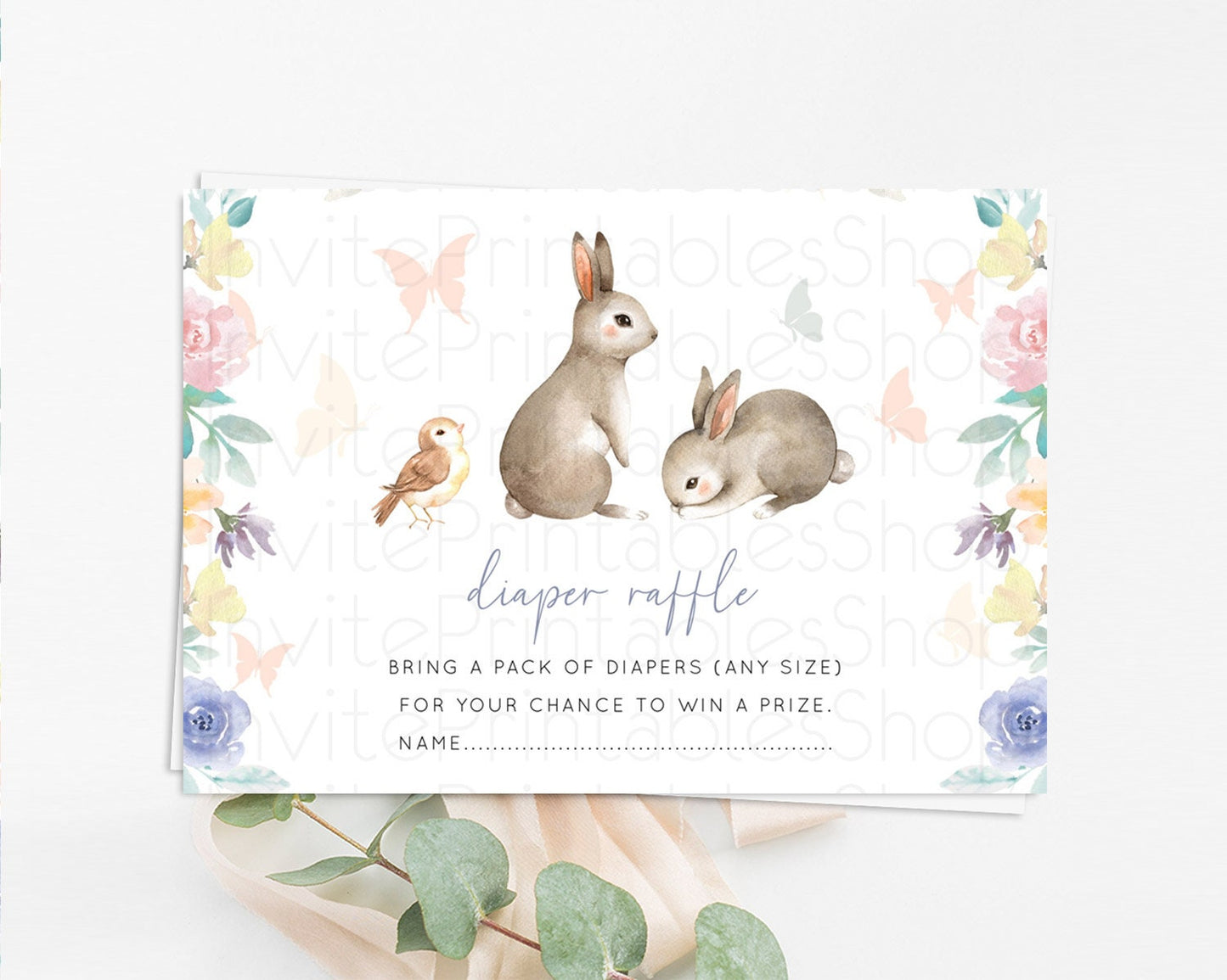 Bunny Diaper Raffle Card Floral Bunny Diaper Raffle Insert Pastel Flowers Woodland Bunny Diaper Ticket Forest Bunny Raffle Game D10928