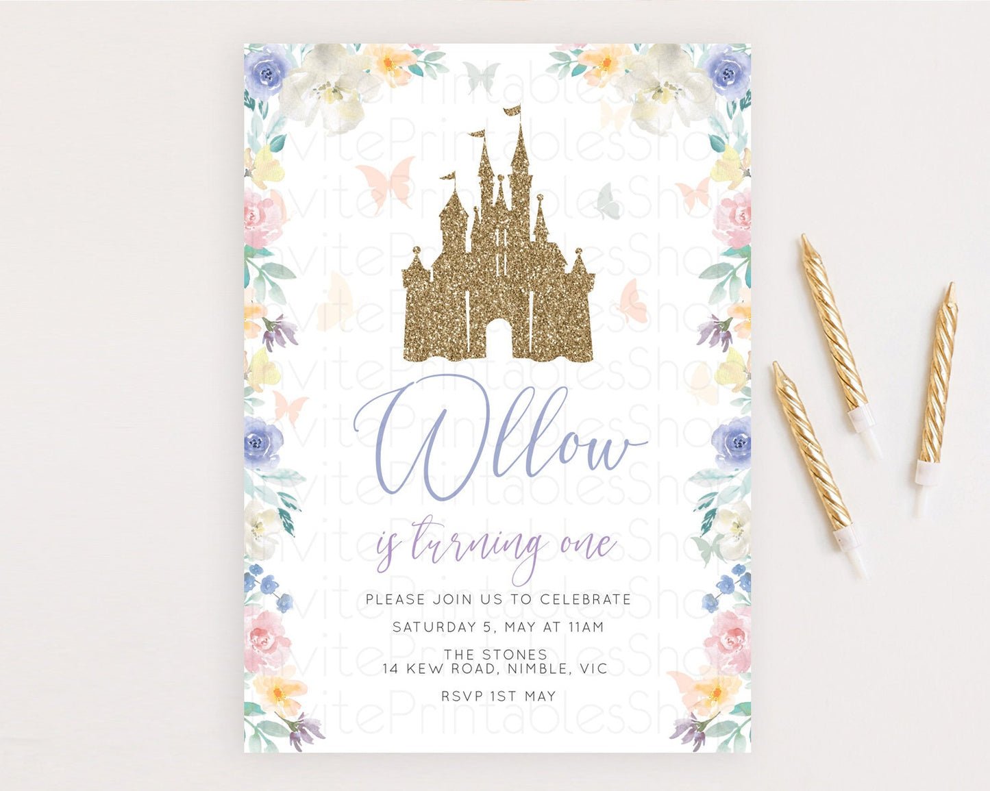 Princess Birthday Invitation Castle Invitation Royal Birthday Fairy Tale Enchanted Castle Pastel Floral Garden 1st First Birthday D10931