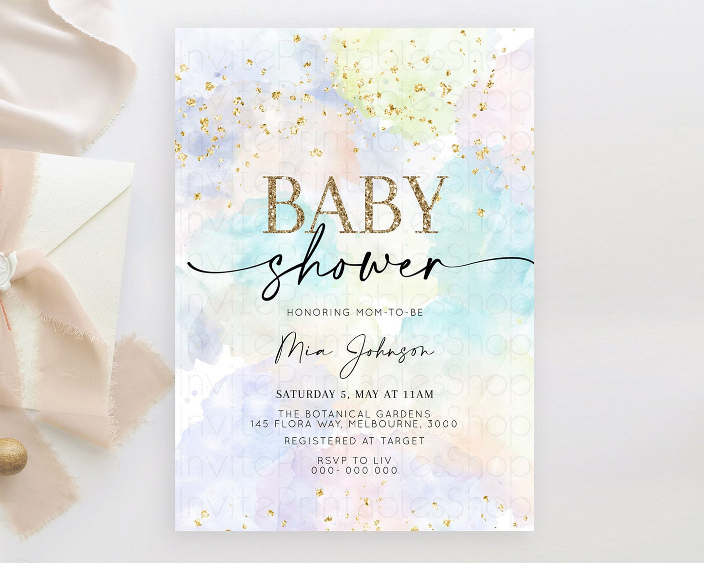 Pastel Baby Shower Invitation Rainbow Baby Shower Invitation Colorful Pastel Watercolor Invitation Gold Glitter Sprinkles Ombre D10613