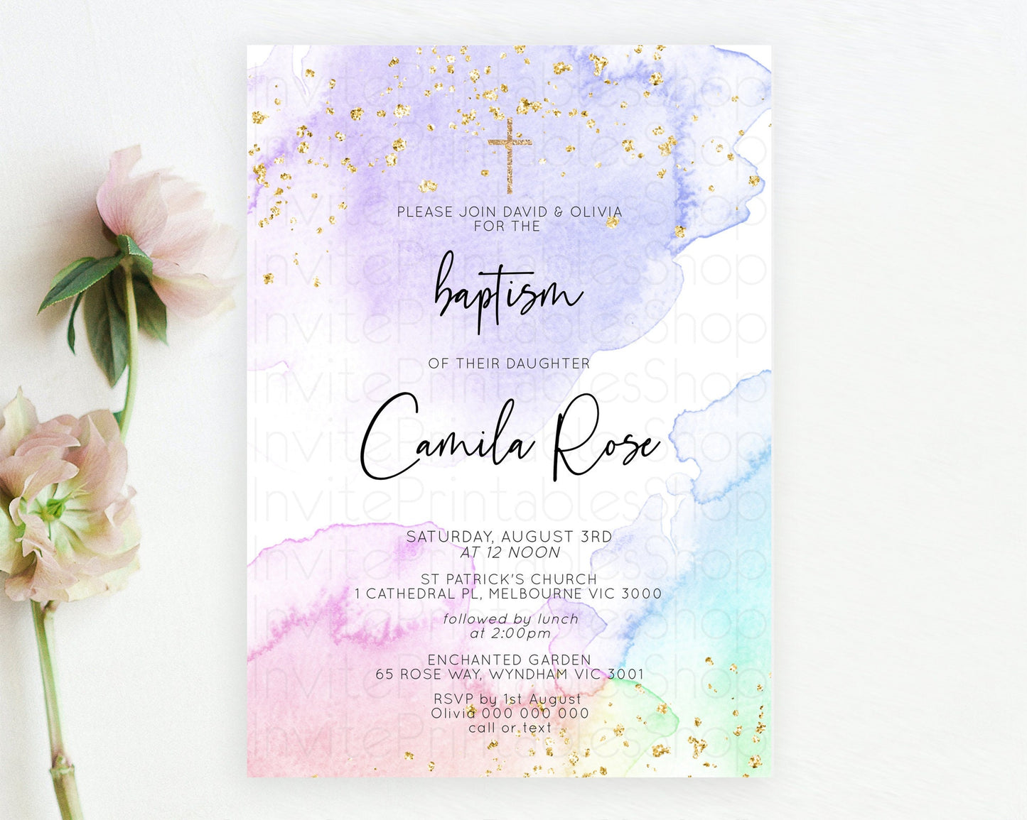 Pastel Baptism Invitation Pastel Colors Watercolor Baptism 1st Birthday Party Gold Ombre Pastel Rainbow Christening Holy Communion D10215