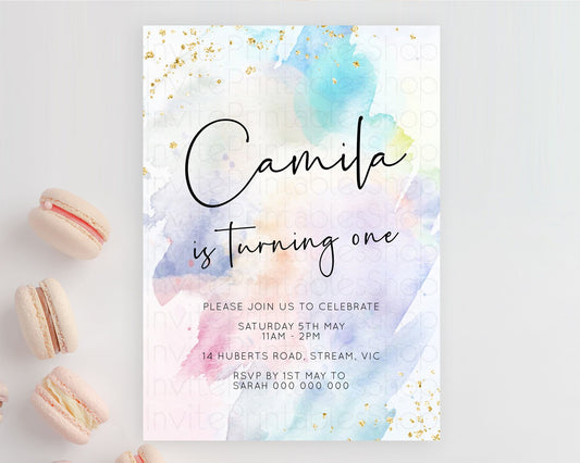 Editable Rainbow Birthday Invitation Colorful Pastel Watercolor Invitation G