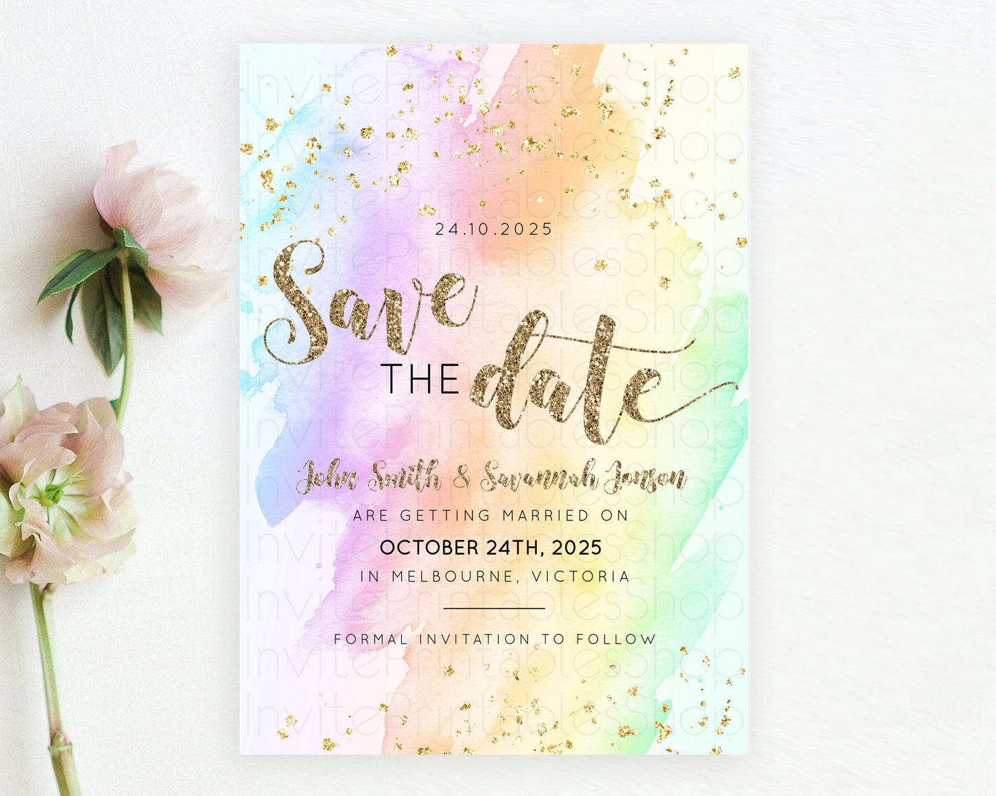 Pastel Save The Date Template Pastel Ombre Rainbow Watercolor Colorful Party For Birthday Baptism Baby Shower Wedding Bridal Shower D10643