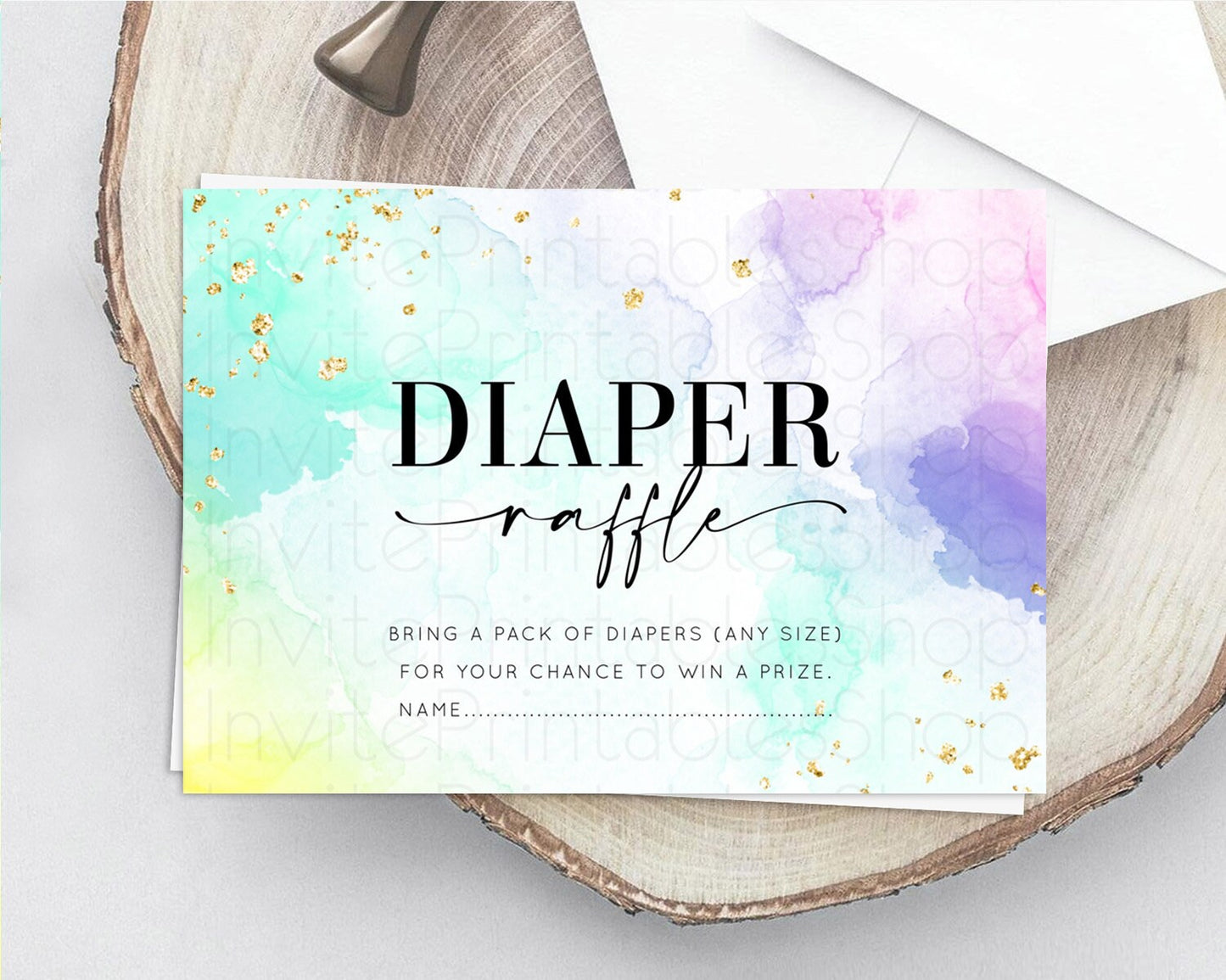 Pastel Diaper Raffle Card Pastel Rainbow Diaper Raffle Insert Colorful Ombre Watercolor Diaper Ticket Confetti Glitter Raffle Game D10157