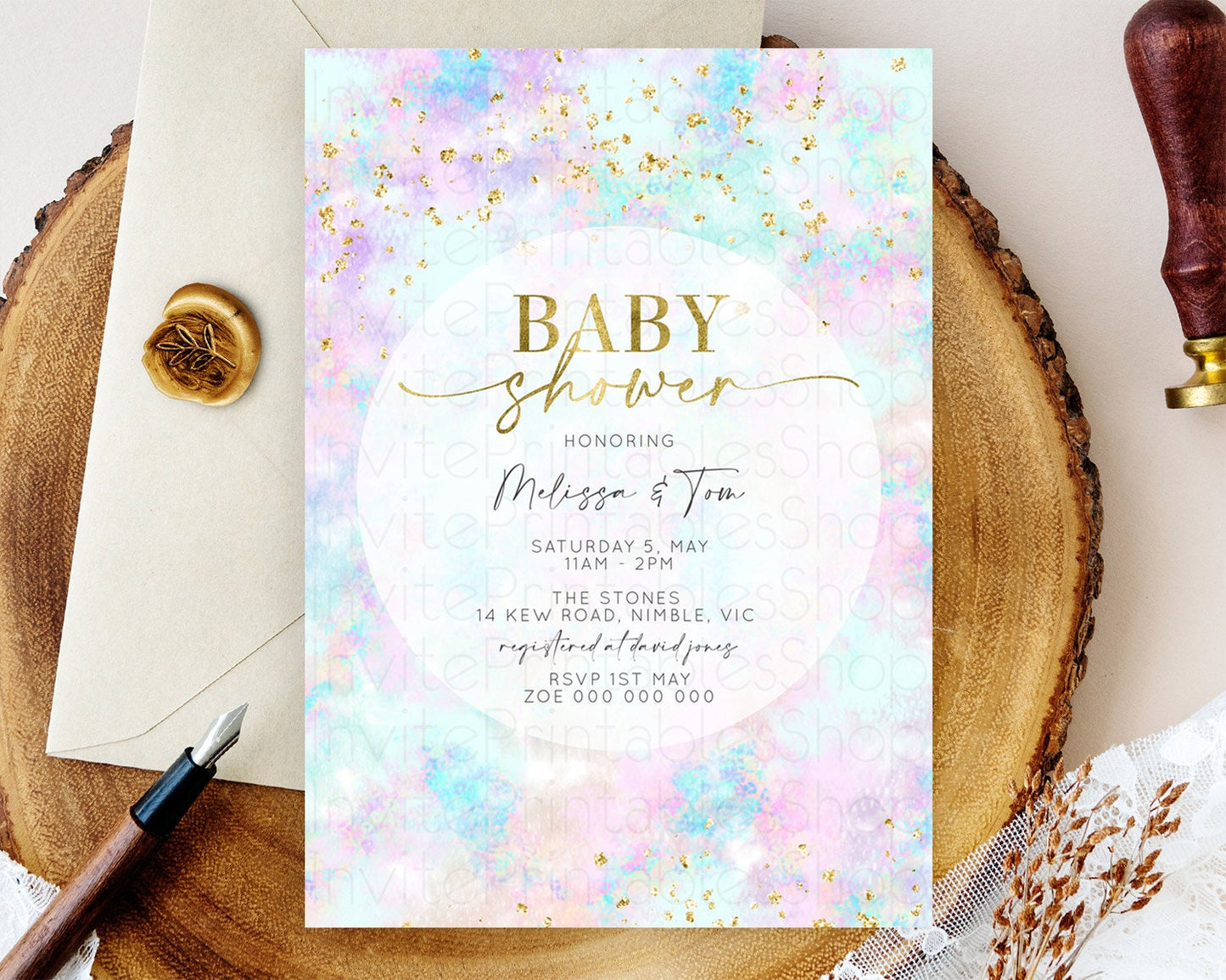 Pastel Baby Shower Invitation Rainbow Baby Shower Invitation Colorful Pastel Watercolor Invitation Gold Glitter Sprinkles Ombre D10652