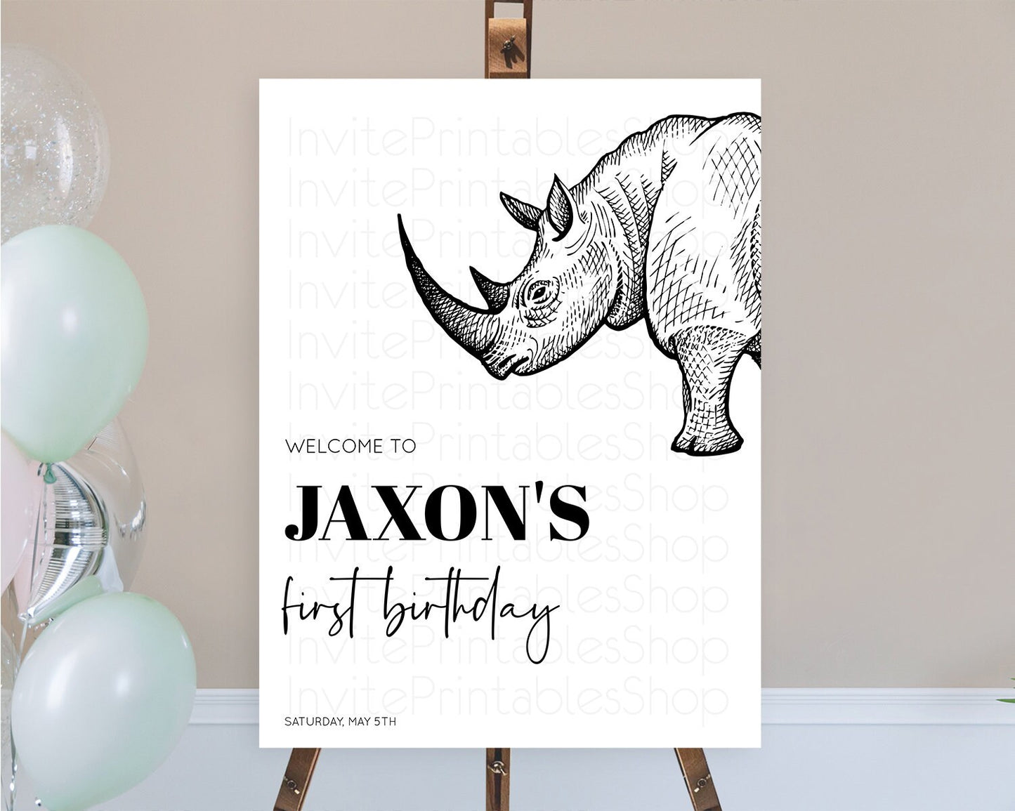 Rhino Welcome Sign Rhino Welcome Board Rhino Welcome Poster Dried Palm Fern Safari Party Decor Rhino First Birthday Welcome Sign D10253