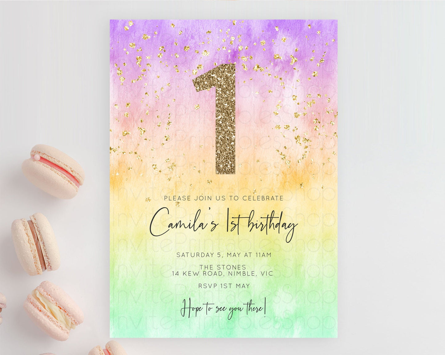 Rainbow Birthday Invitation Colorful Pastel Watercolor Invitation Gold Glitter Sprinkles Ombre Pastel 1st 2nd 3rd Birthday D10514