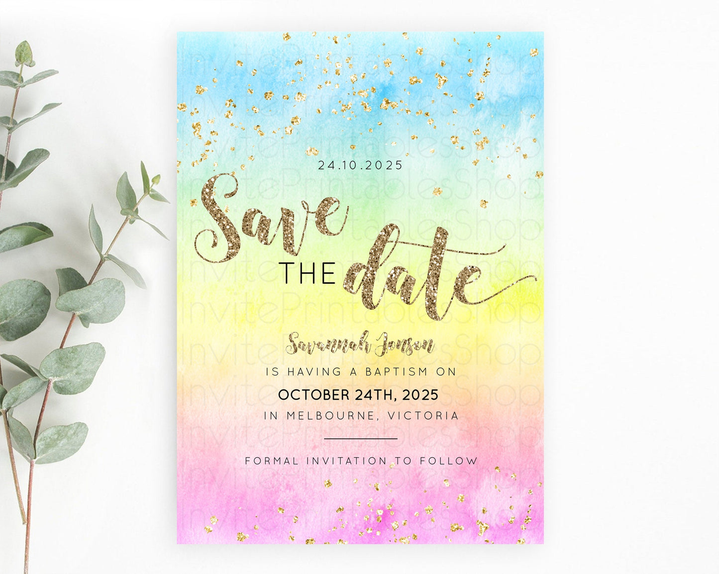 Pastel Save The Date Template Pastel Ombre Rainbow Watercolor Colorful Party For Birthday Baptism Baby Shower Wedding Bridal Shower D10479