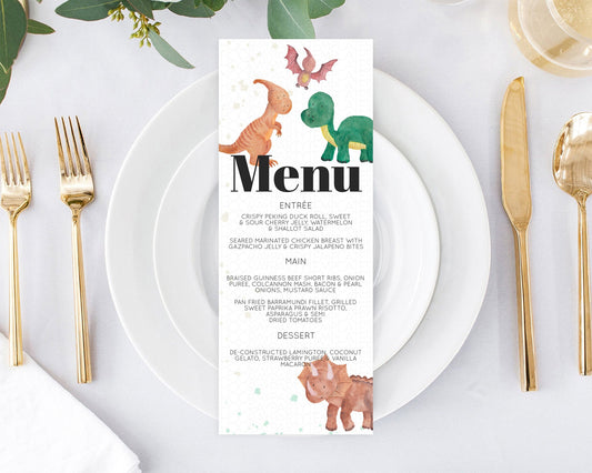 Dinosaur Menu Dinosaur Volcano Menu Template Dinosaur Table Decor Watercolor Volcano T-Rex Raptor Jurassic Dinner Dessert Food Menu D10153