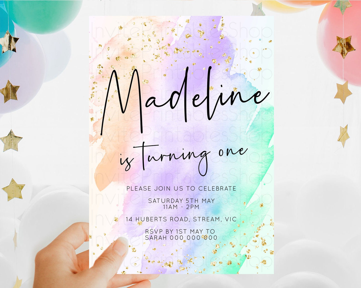 Rainbow Birthday Invitation Colorful Pastel Watercolor Invitation Gold Glitter Sprinkles Ombre Pastel 1st 2nd 3rd Birthday D10176