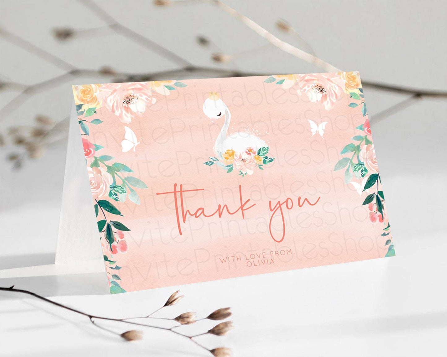 Swan Thank You Swan Princess Ballet Thank You Card Swan Lake Birthday Thank You Cards Secret Garden Pastel Floral Teacher Thank You D10884