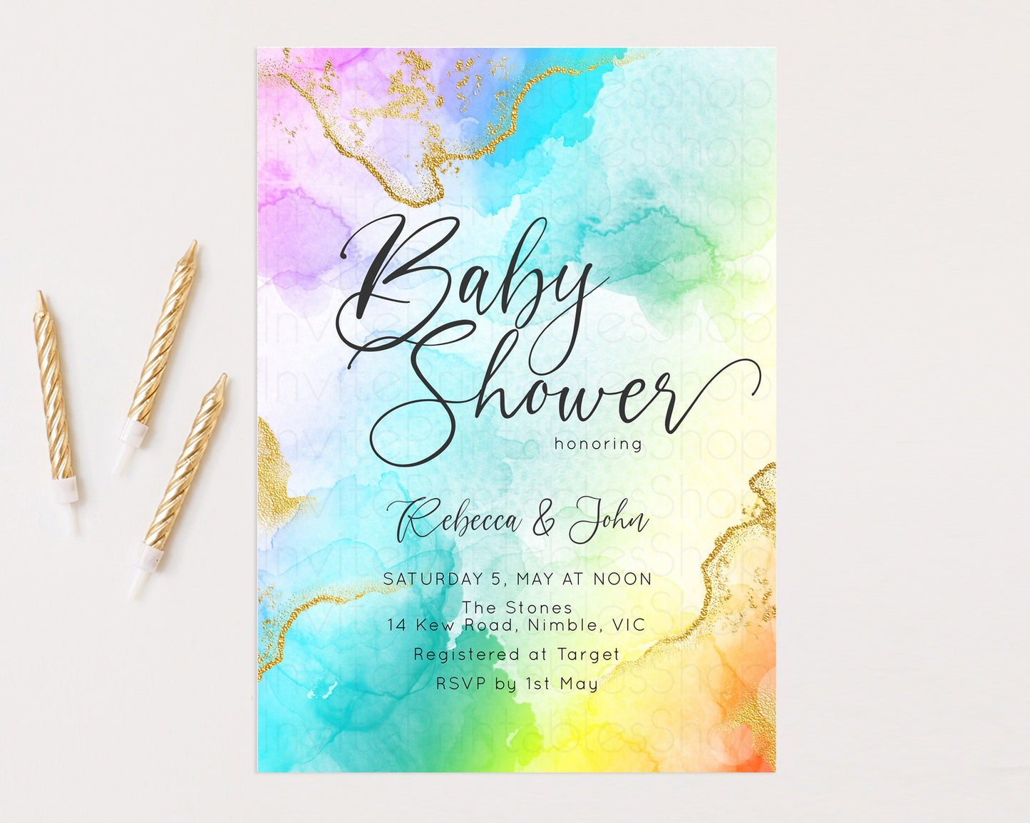 Rainbow Baby Shower Invitation Gold Glitter Splash Ink Pastel Watercolor Colorful Blue Pink Purple Yellow Gender Neutral Editable D10390