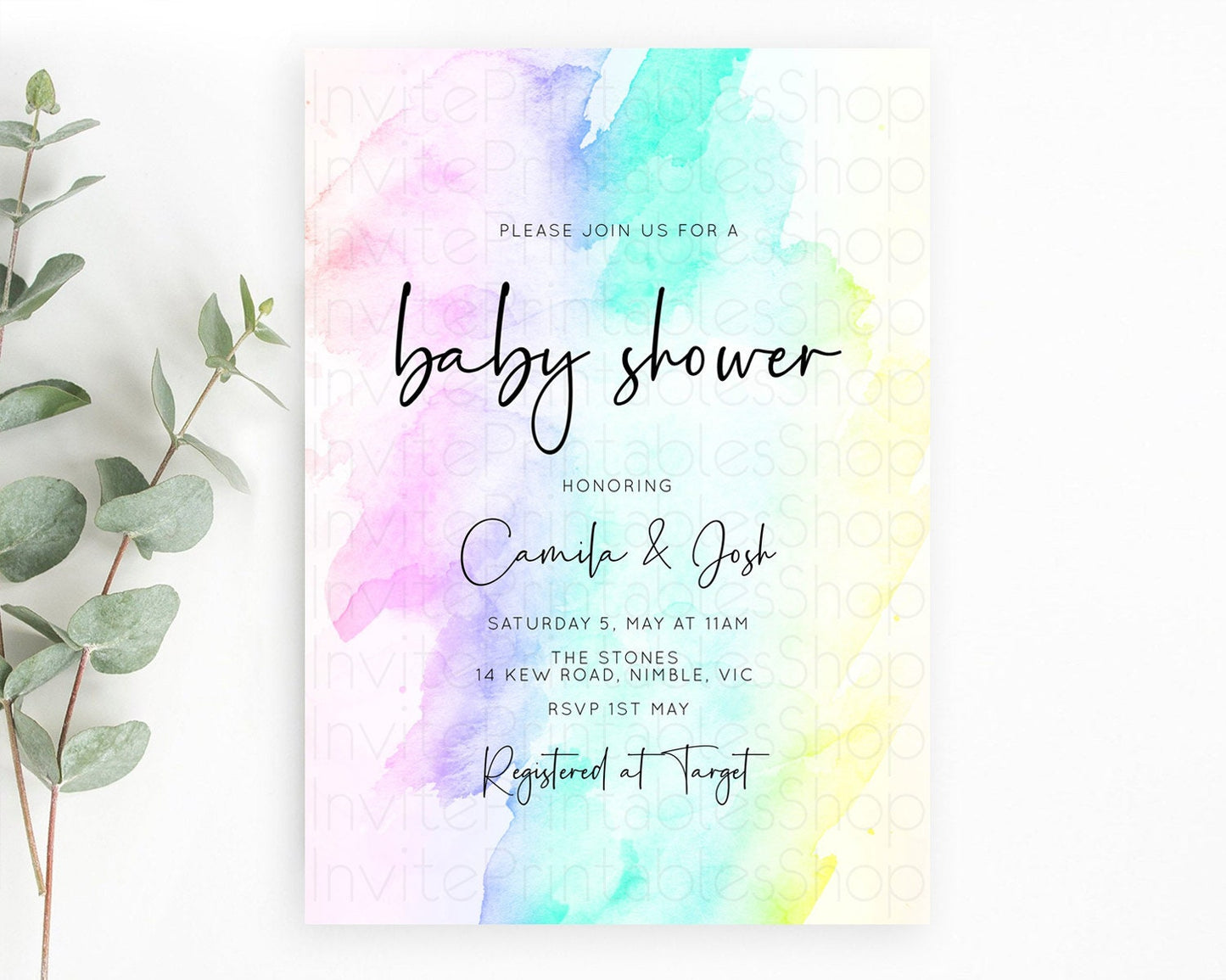 Pastel Baby Shower Invitation Rainbow Baby Shower Invitation Colorful Pastel Watercolor Invitation Gold Glitter Sprinkles Ombre D10231